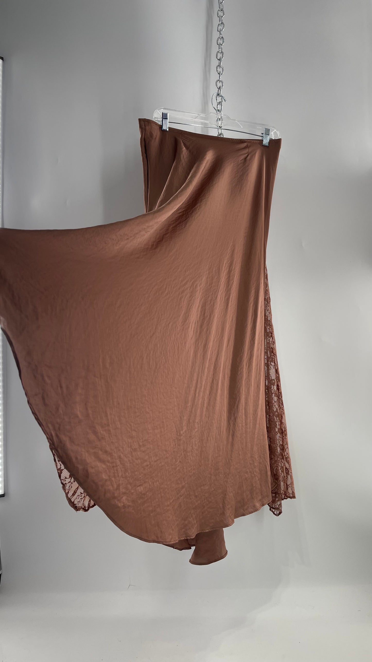 Intimately Free People Brown/Dusty Mauve Satin Maxi Skirt with Lace Paneling (Medium)