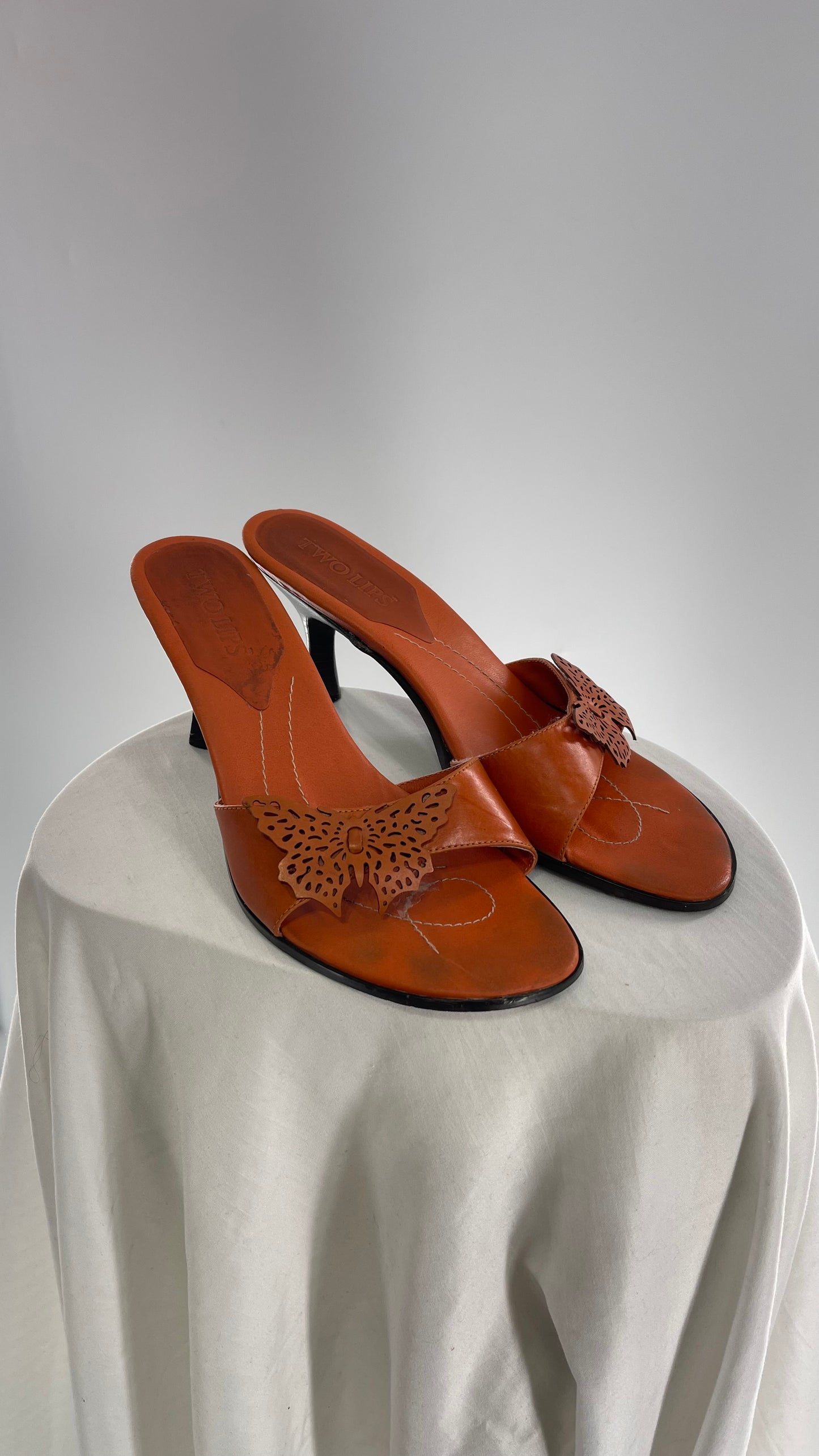 Vintage Two Lips Orange Leather Heels with Butterfly Appliqué (9.5)