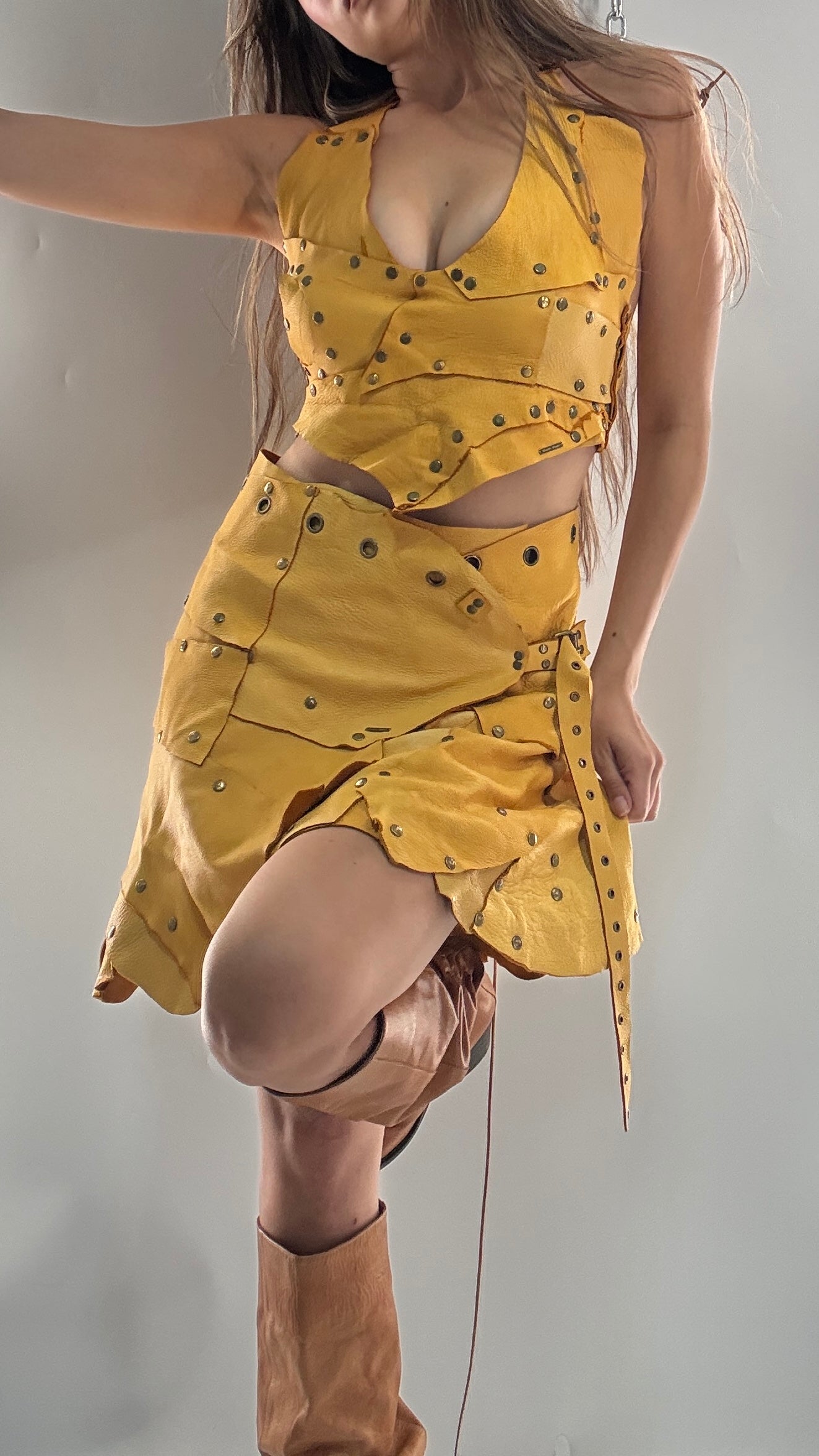 Handmade 1 of 1 and Pressed Genuine Suede and Pebbled Leather Reversible Corset Top and Grommet Skirt Set (XS-M)