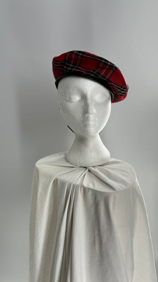 Red Plaid Beret with Vegan Leather Strap with Silver Metal Hardware