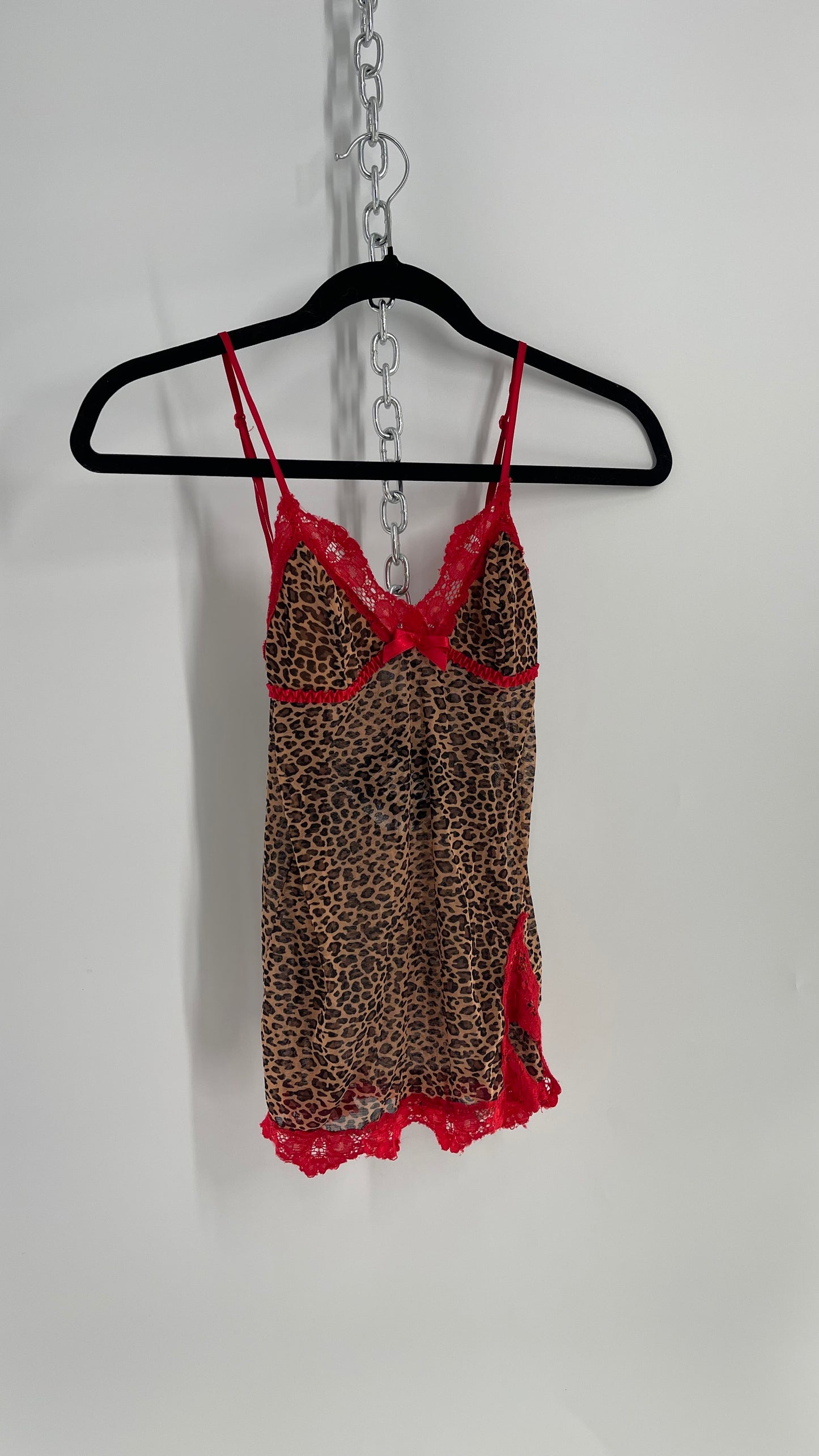 Vintage 1990s Cheetah Printed Babydoll Tank with Red Lace Trim (XS/S)