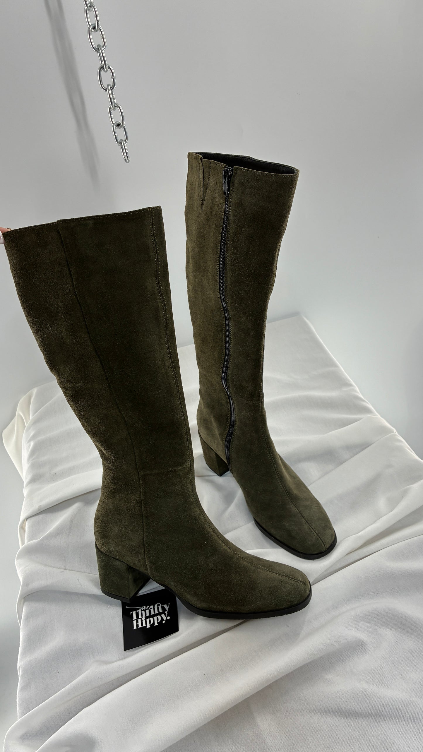 Vintage ERIC MICHAEL Olive Green Suede Boots Square Toe Knee High Boots (36)