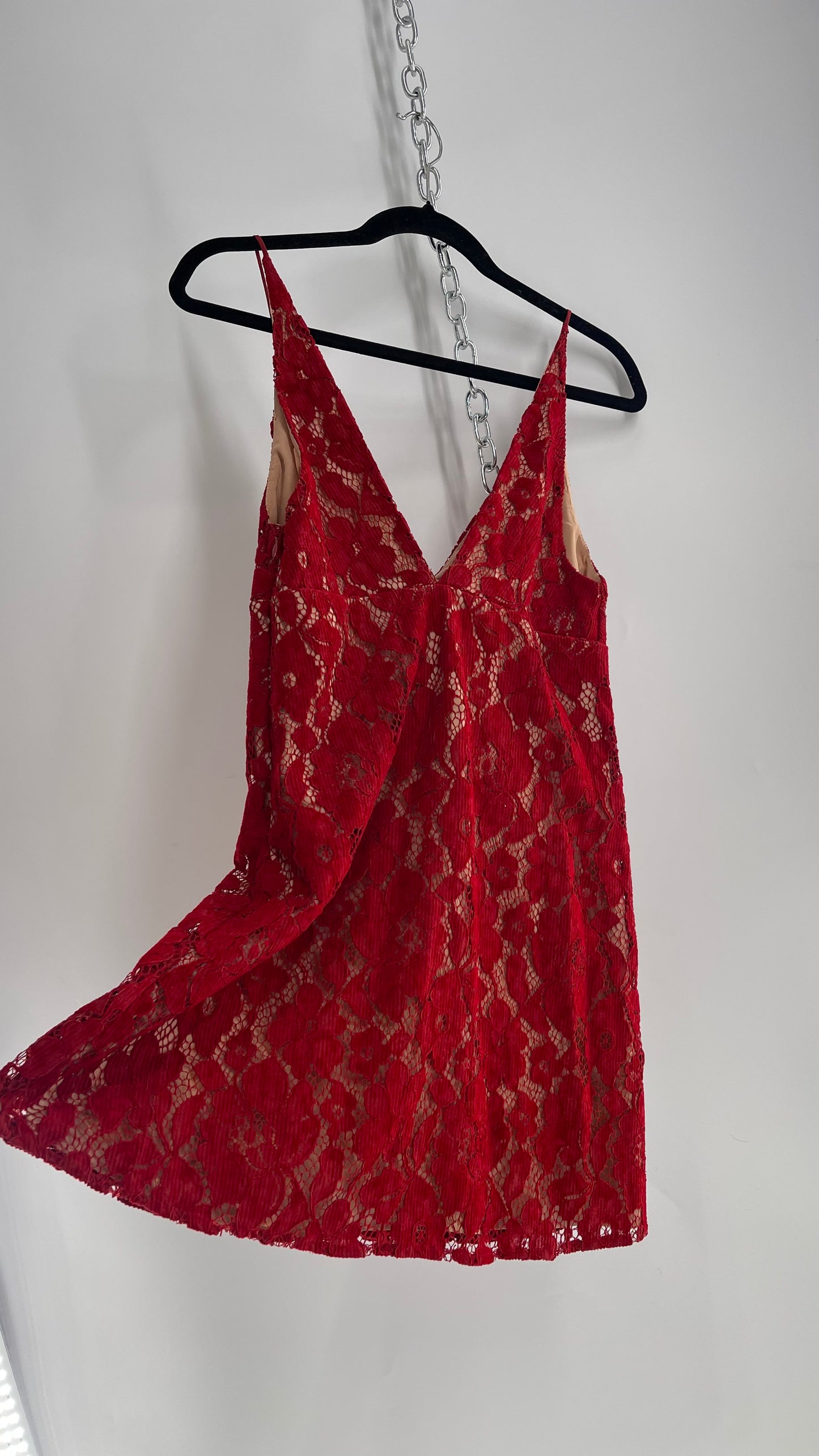 Free People Red Corduroy Lace Mini Dress with Neutral Underlay (0)