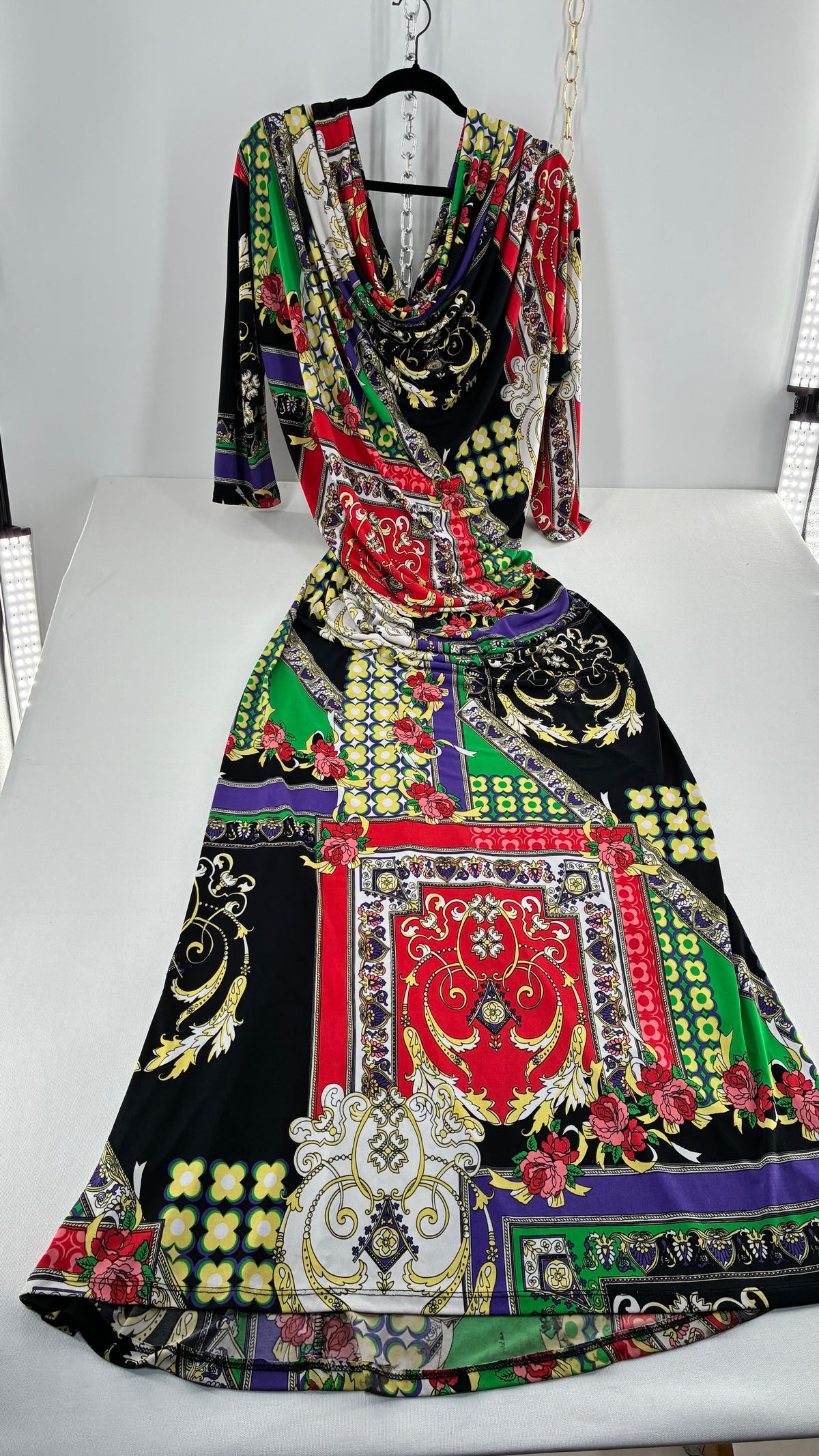 Vintage SEXY DIVA Drape Neckline Full Length Baroque Scarf Print Dress (Large)