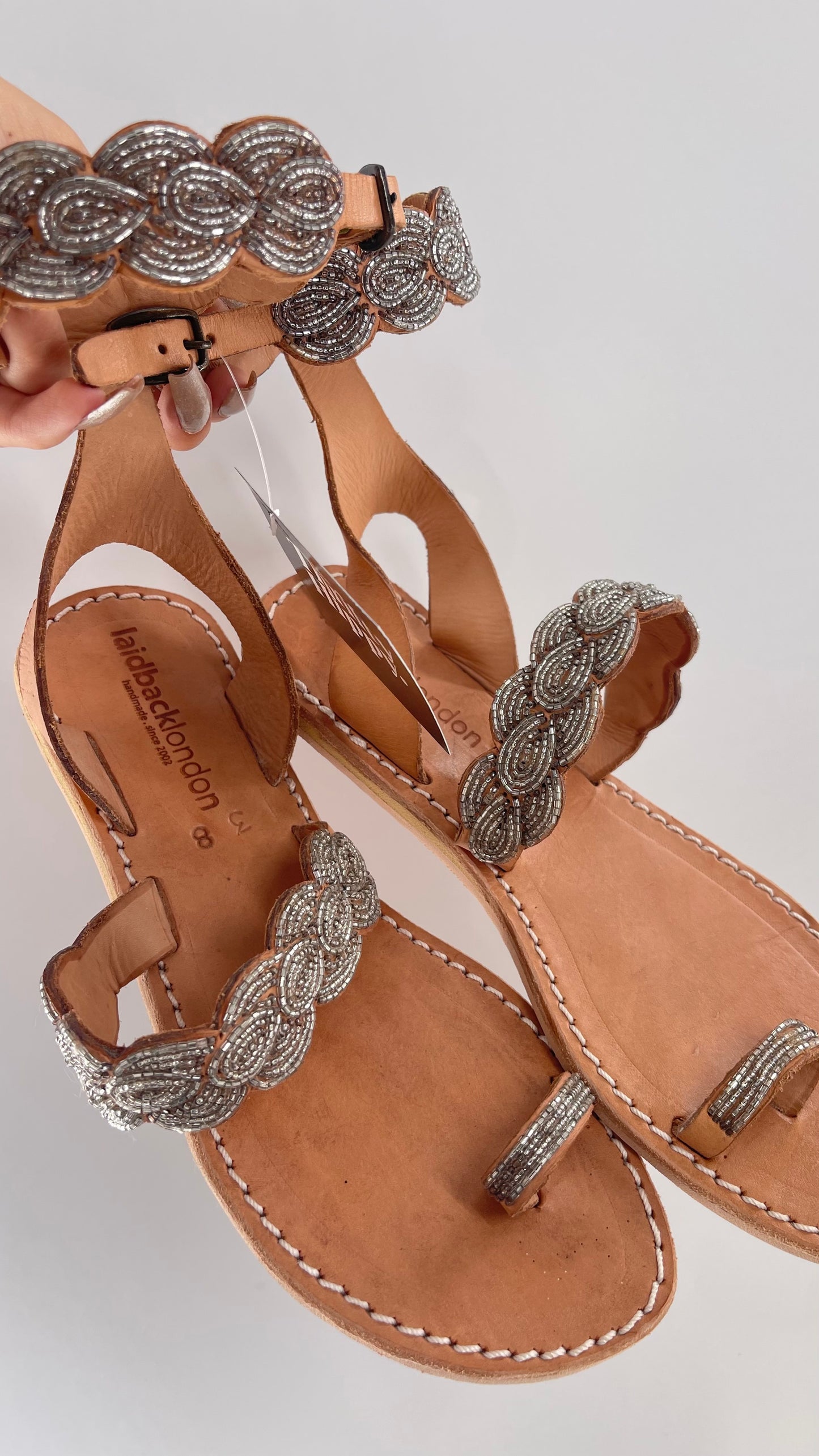 Free People Laidback London Handmade Sandals with Tan Leather Straps Covered in Silver Beaded Details (38)