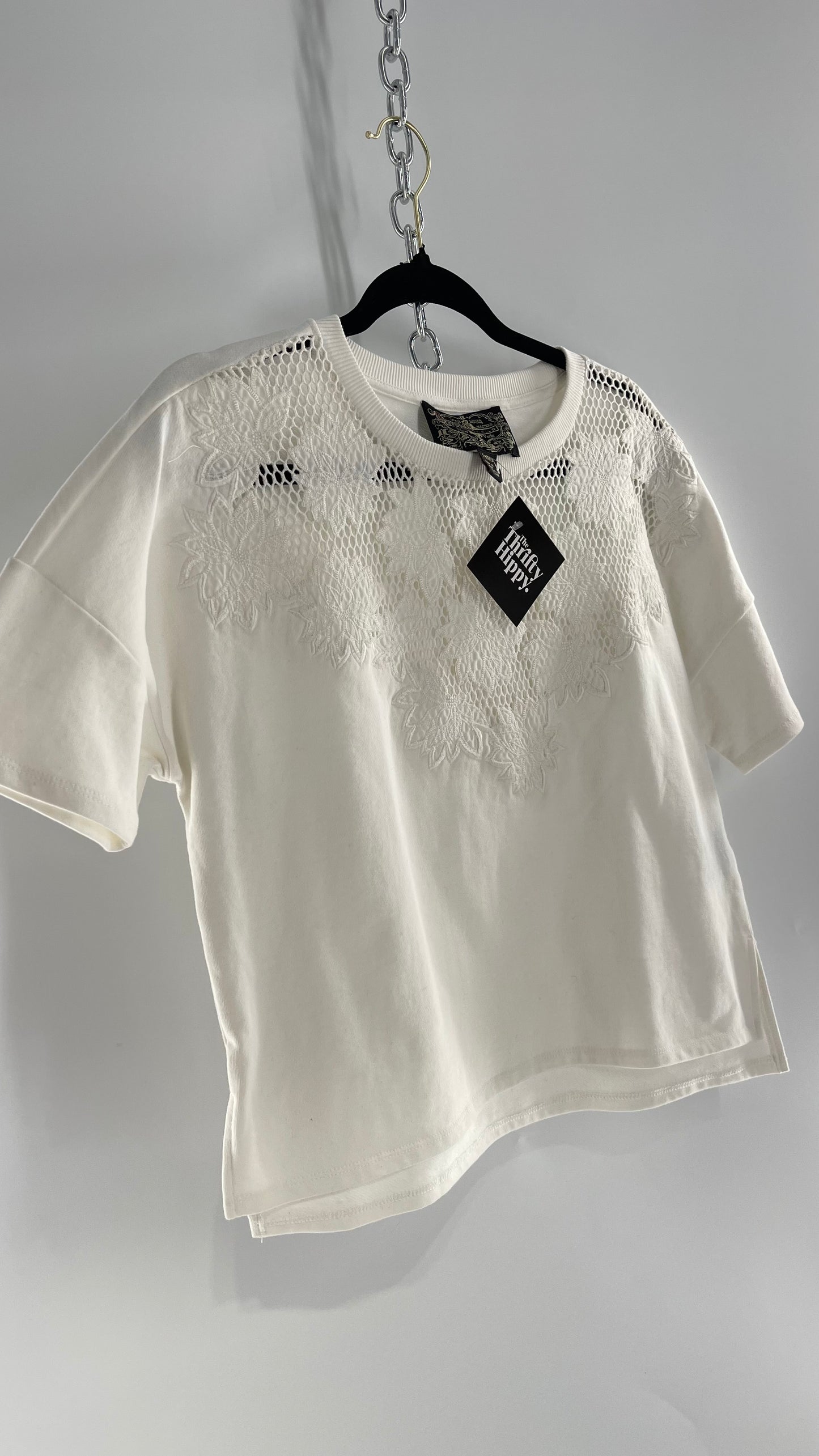 JAMES COVIELLO NY, NY White Thick T Shirt with Embroidered Florals and Mesh (S Petite)