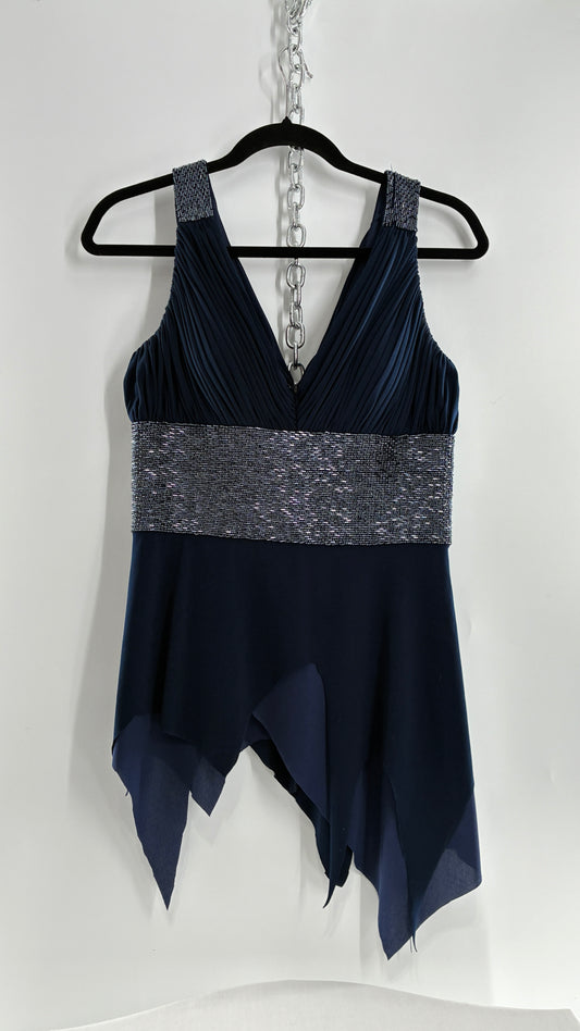 Vintage JS Boutique 1990s Navy Blue Chopped Handkerchief Hem, Beaded Underbust Panel and Pleated Bust (6)