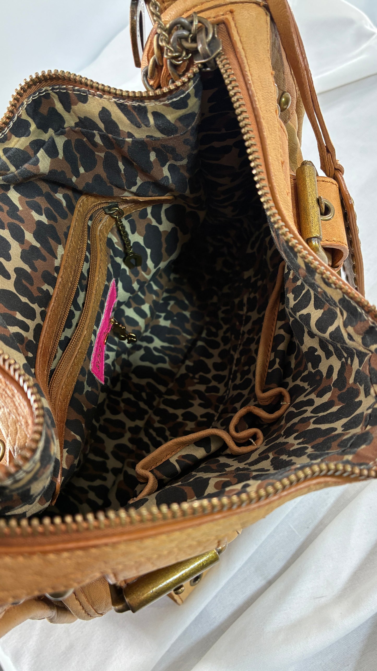 Rare Vintage BETSEY JOHNSON Heavy Leather, Oversized Shoulder Bag with Leopard Lining
