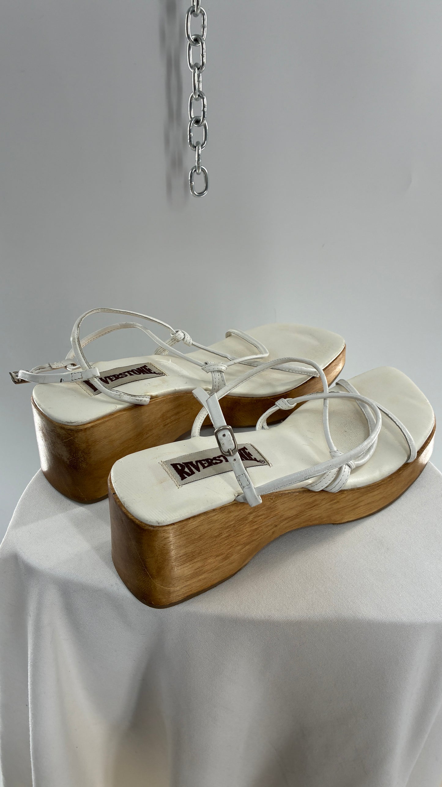 Vintage 1990s RIVERSTONE Wooden Platform Square Toe, Strappy Sandal Made in Brazil (8)
