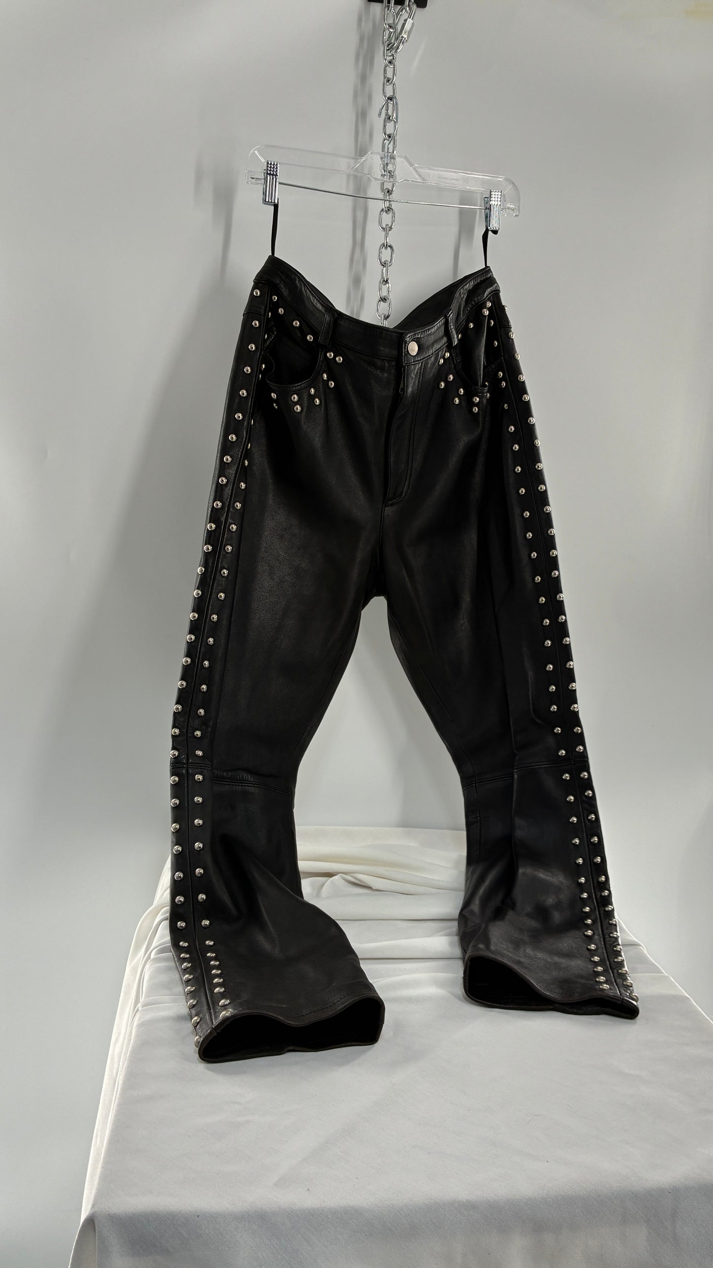 Vintage DKNY Genuine Leather Black Hip to Hem Studded Straight Legs (12)