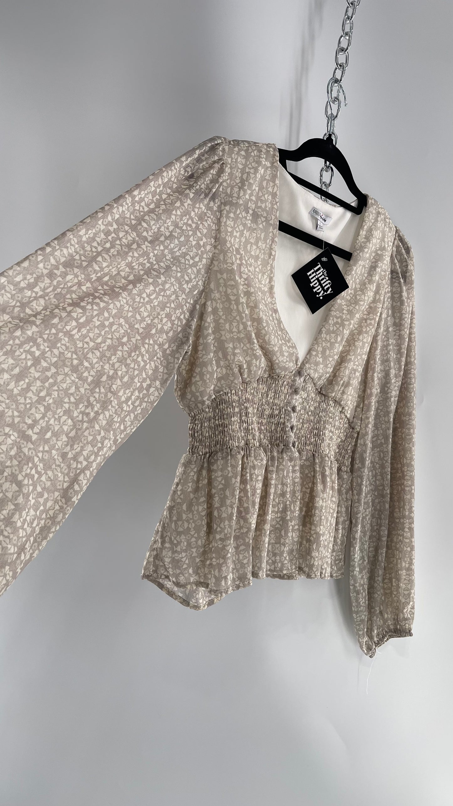 Anthropologie Light Gray Glitter/Shimmer Balloon Sleeve, Smocked Waist, Button Front Blouse (Large)