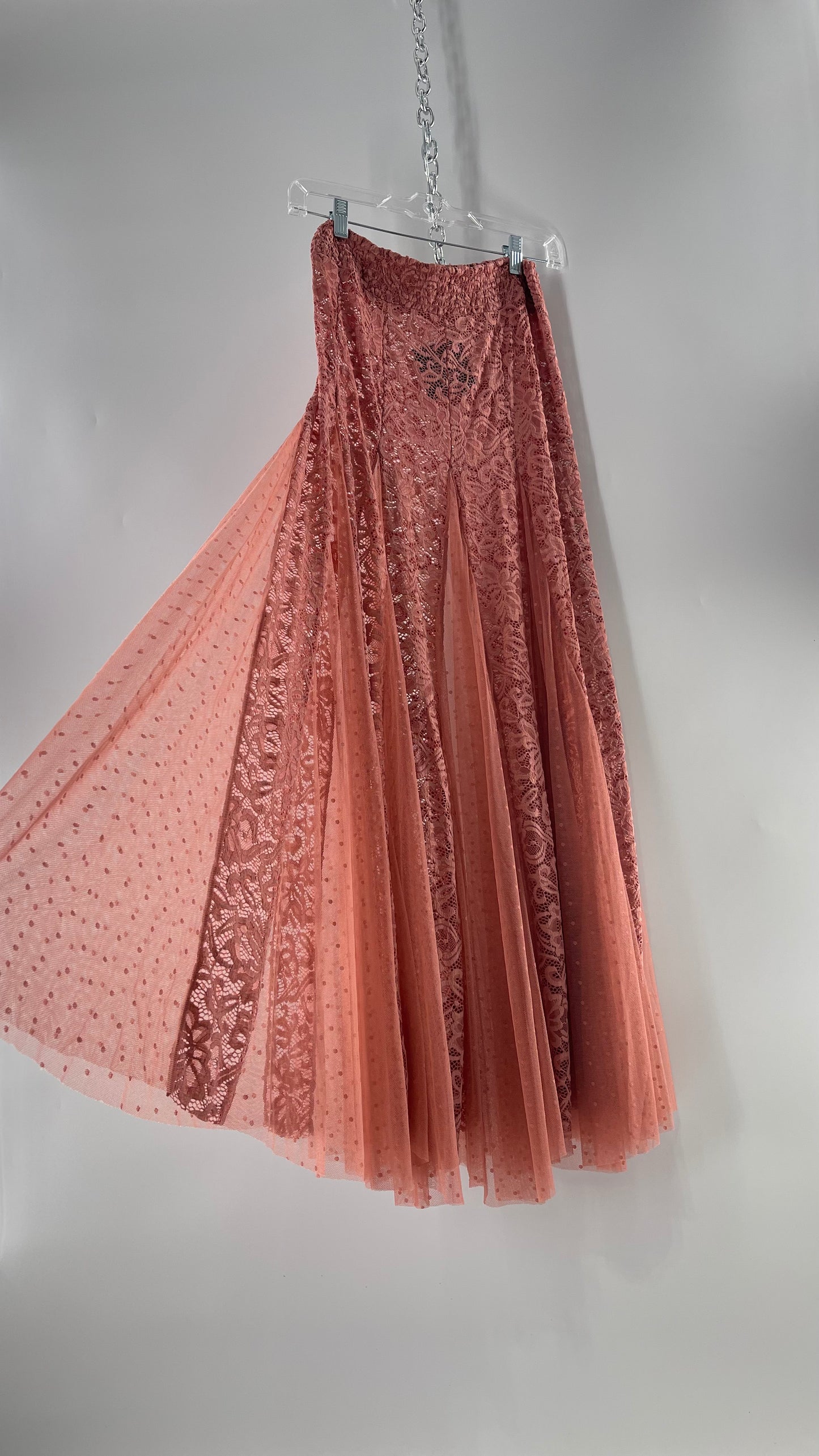 Intimately Free People Blush Pink Lace and Polka Dot Mesh Maxi Skirt (XS)