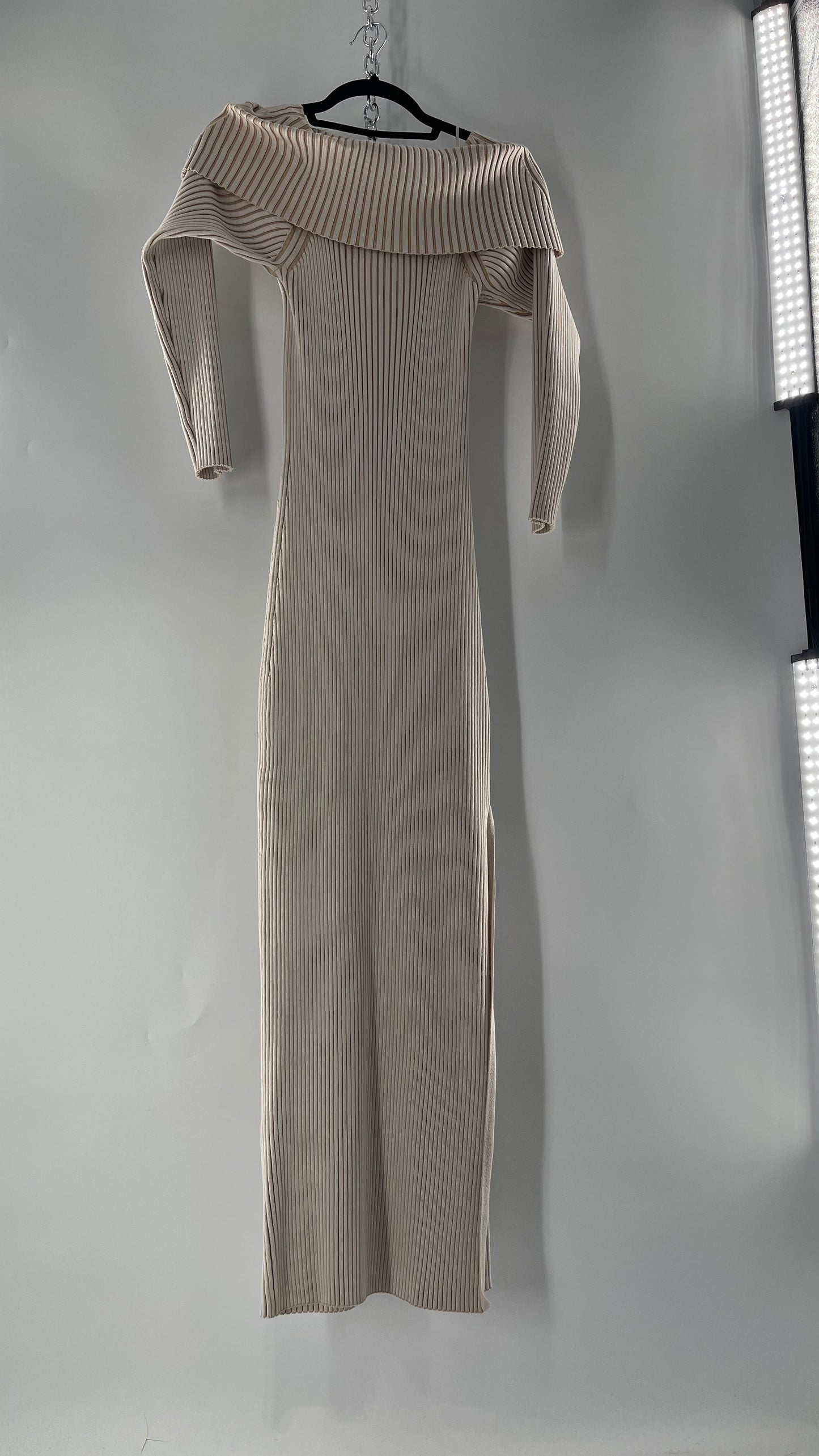 Anthropologie Beige Knit BodyCon Full Length Dress with Thick Off the Shoulder Band (Large)