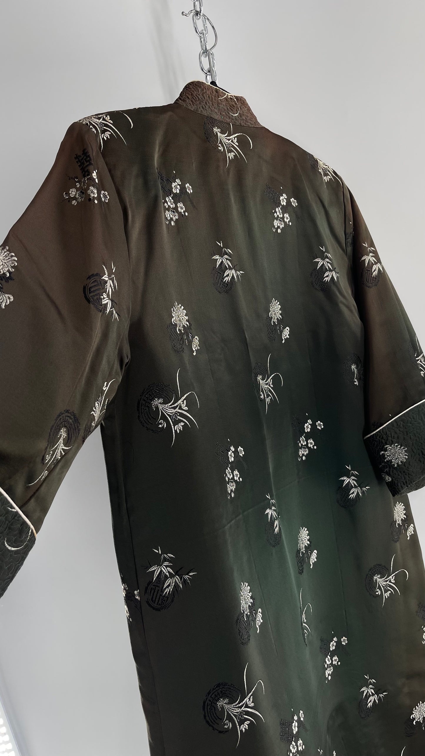 Vintage Hong Kong, Hand Made, Dark Green Silk Kimono Coat/Smoking Jacket (38)