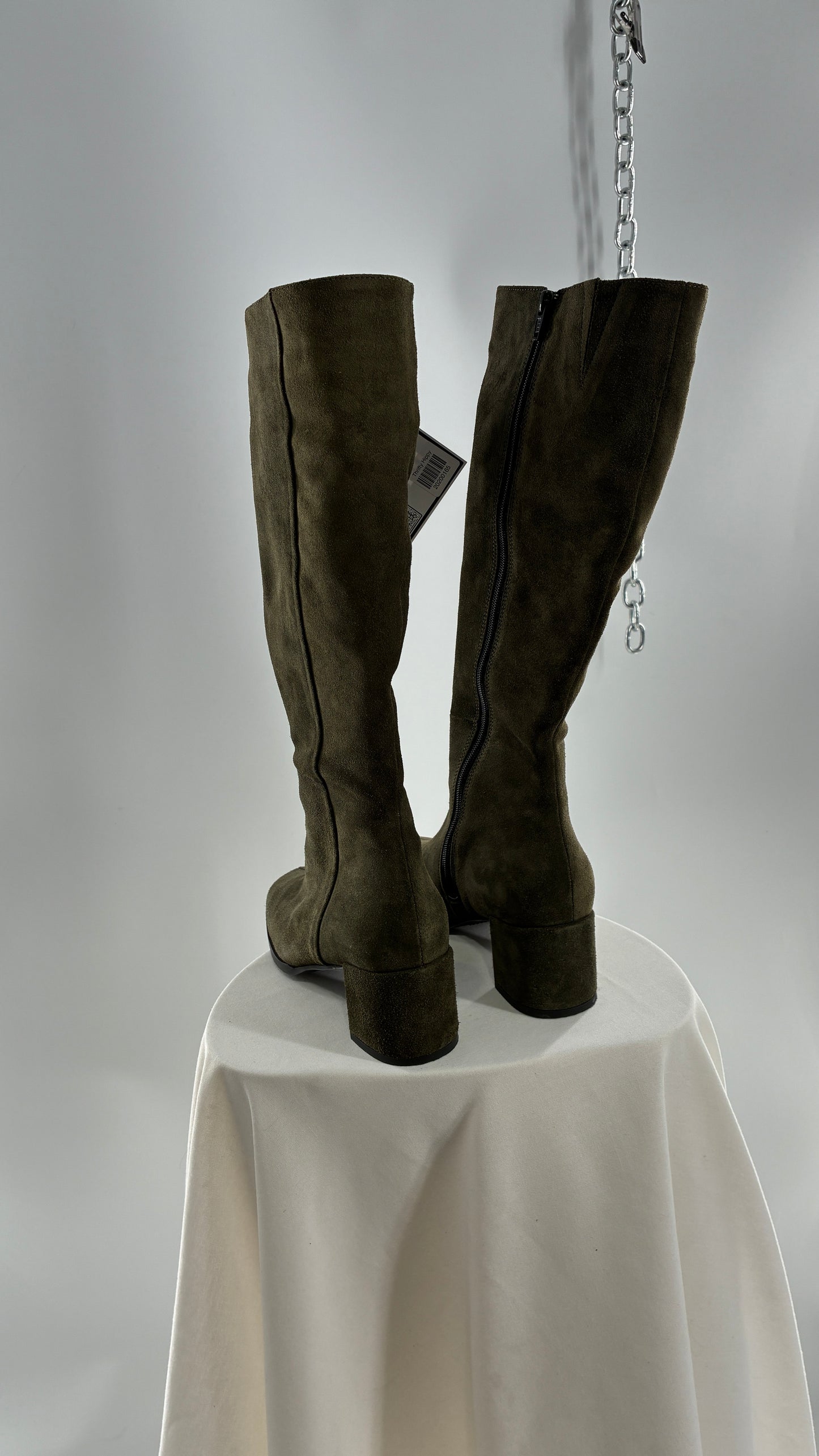 Vintage ERIC MICHAEL Olive Green Suede Boots Square Toe Knee High Boots (36)