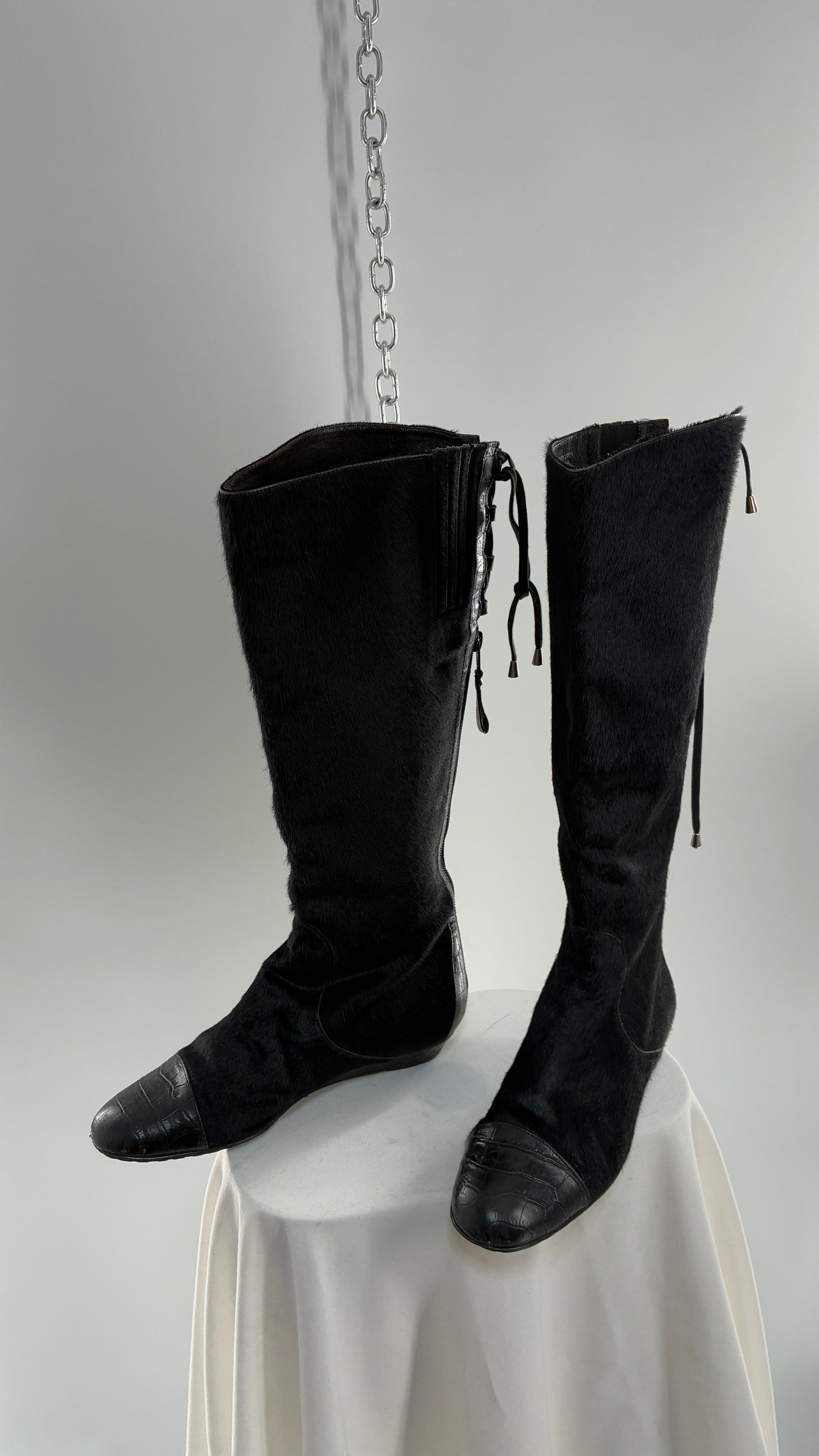 Vintage MIGLIORINI Black Genuine Calf Hair/Fur Boots with Heel, Made in Italy (7.5)