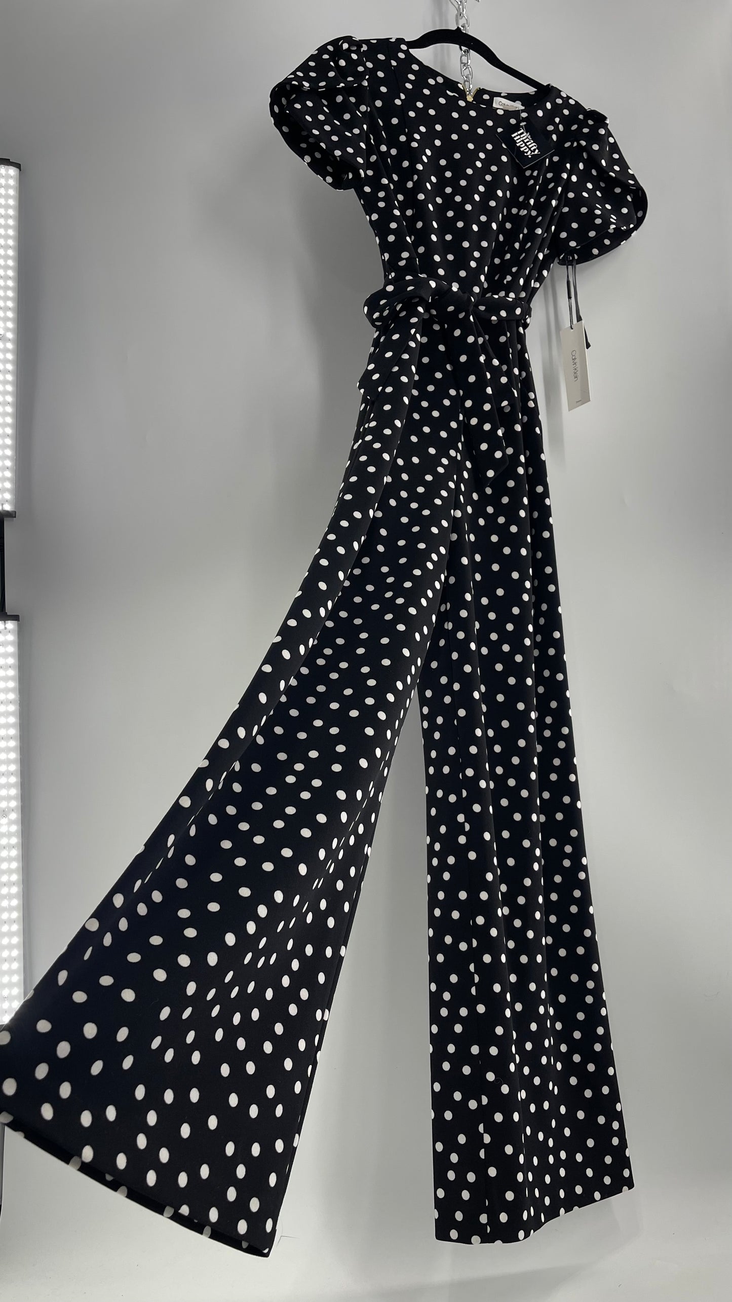 Calvin Klein Black/White Polka Dot Jumpsuit with Waist Tie and Wide Legs (10)