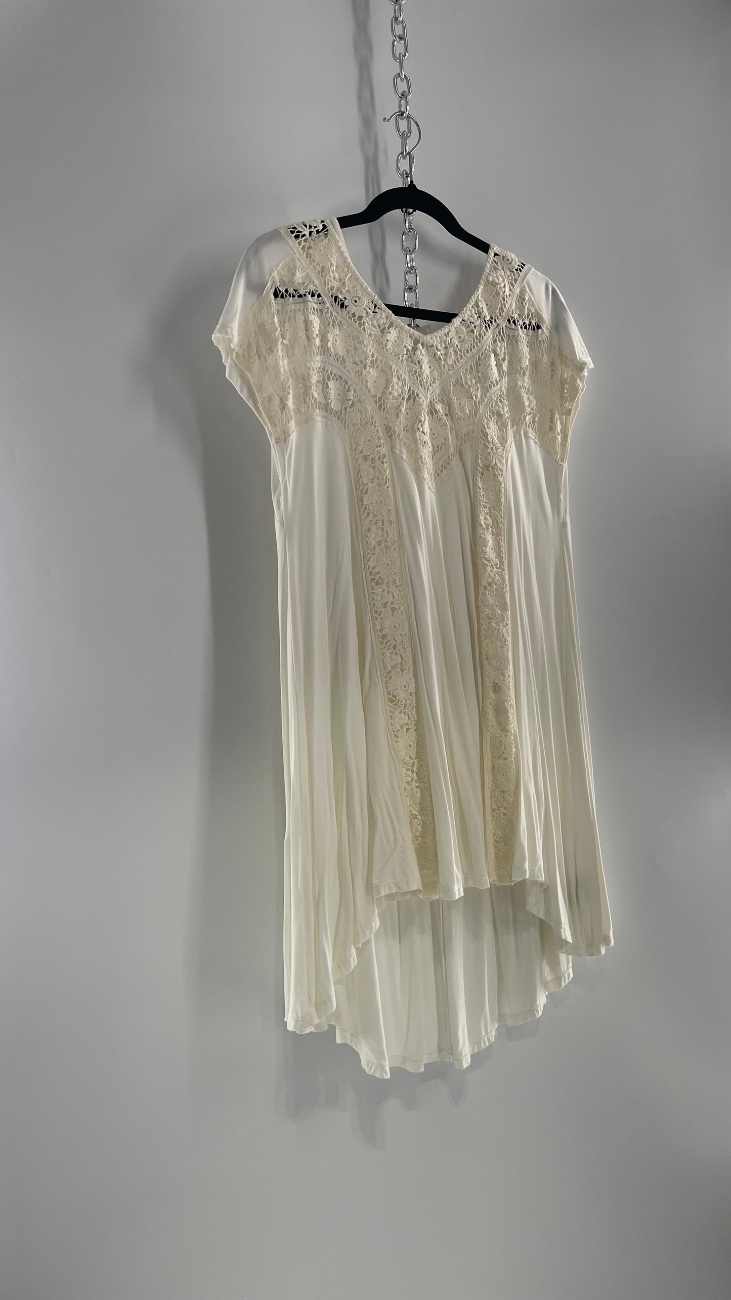 Free People Off White Voluminous Jersey Knit Dress with Lace Detailing (XS)