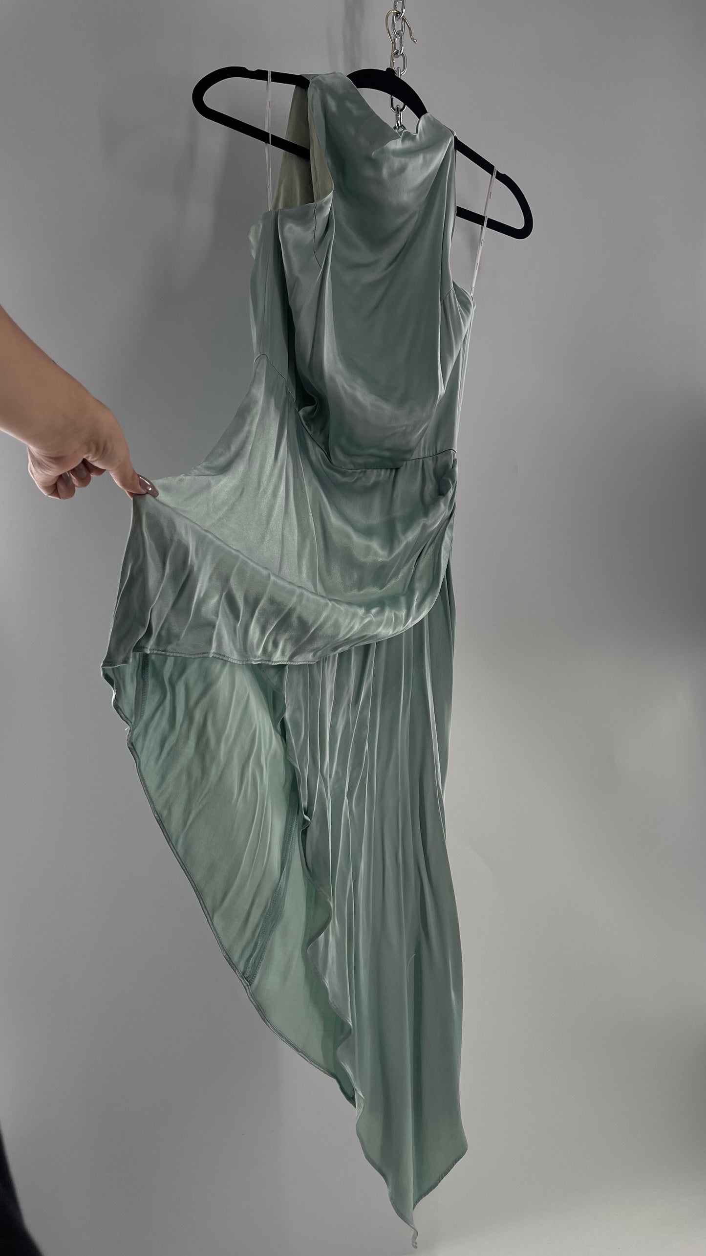 Elliatt Silver/Seafoam Blue Silky Slinky Abstract Tiered and Draped MIDI Gown (2?)