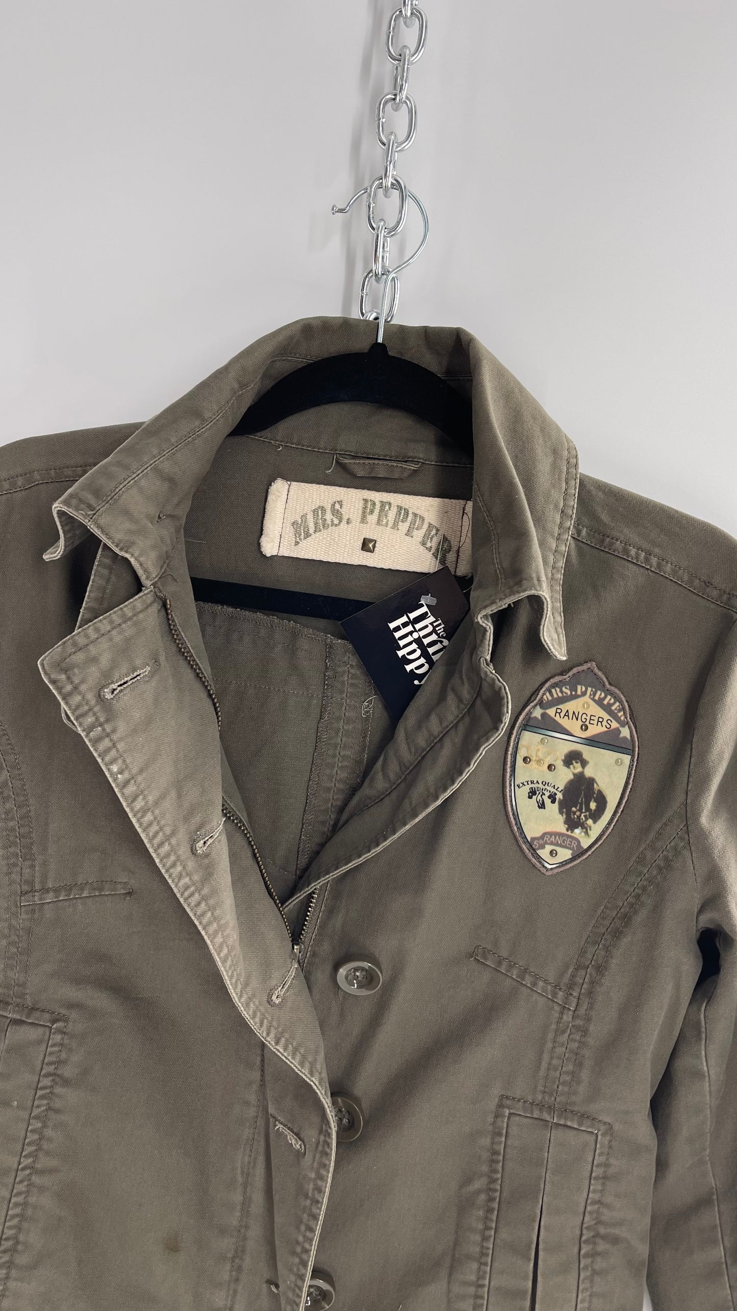 Vintage Mrs.Pepper Army Olive Green Jacket with Military Style Patches and Cuffs (Small)