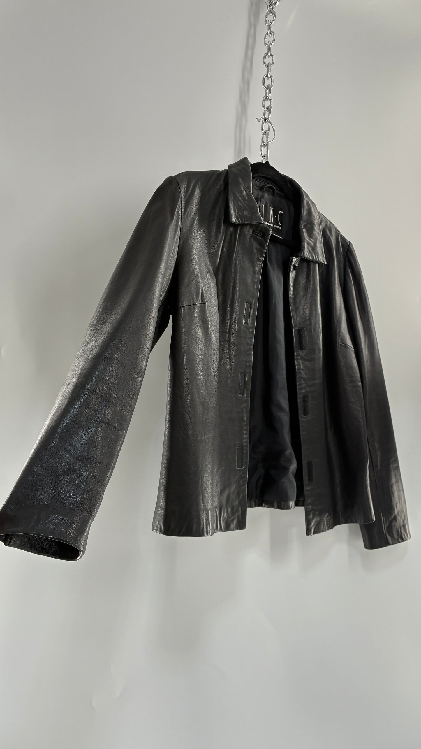 Vintage INC 1990s Black Genuine Ultra Soft Leather Collared Jacket with Velcro Closure Never Worn (Medium)
