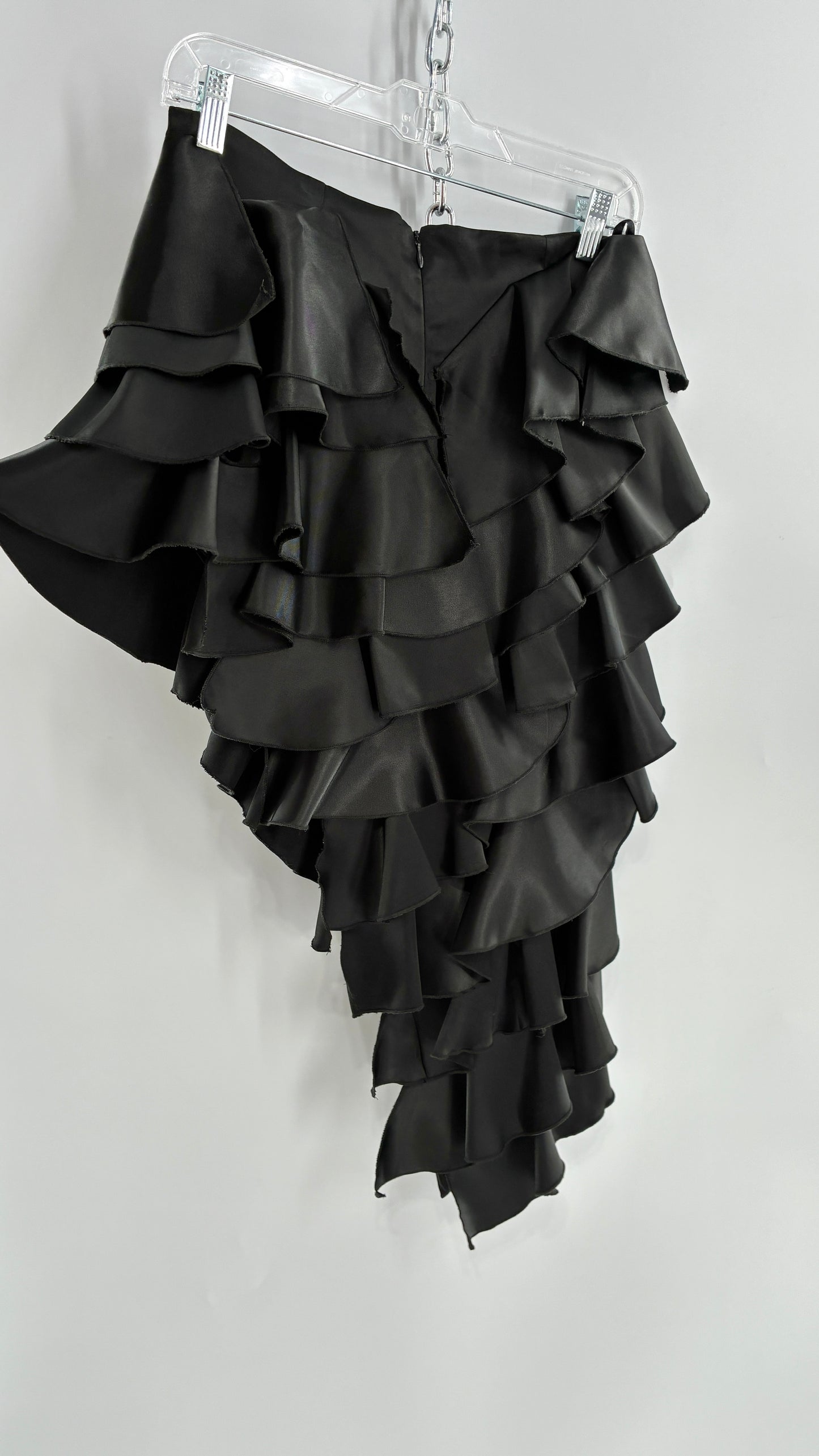 Deadstock Rare 1990s Vintage FRILLY LILLY Black Ruffled Asymmetric Skirt (8)