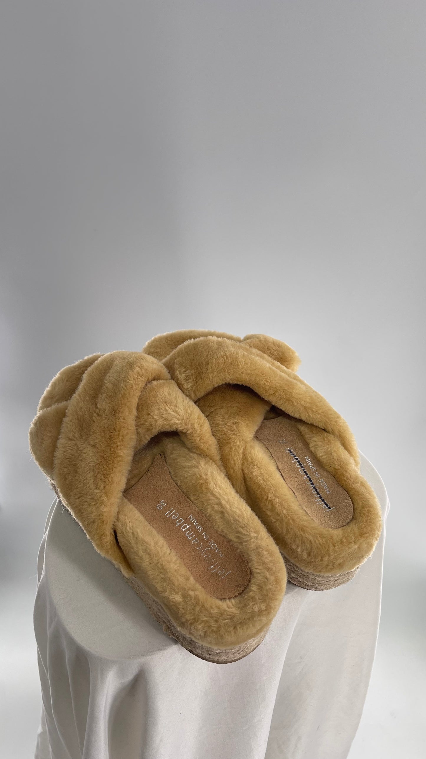 Jeffrey Campbell Tan Fluffy Sandals with Straw Platform (39)