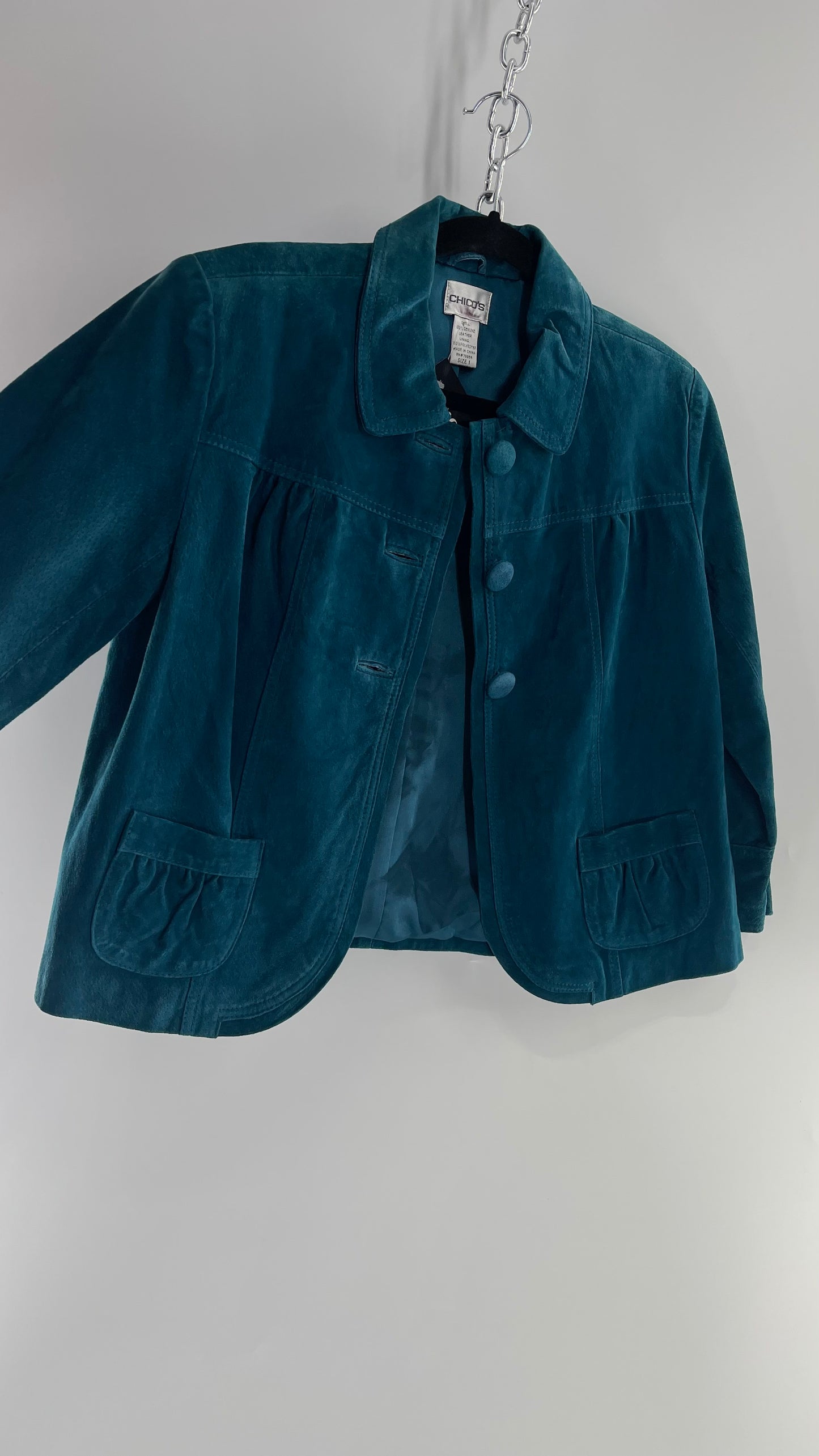 VINTAGE CHICO’s Suede Leather Teal Blue Cropped Bolero Blazer (Large)