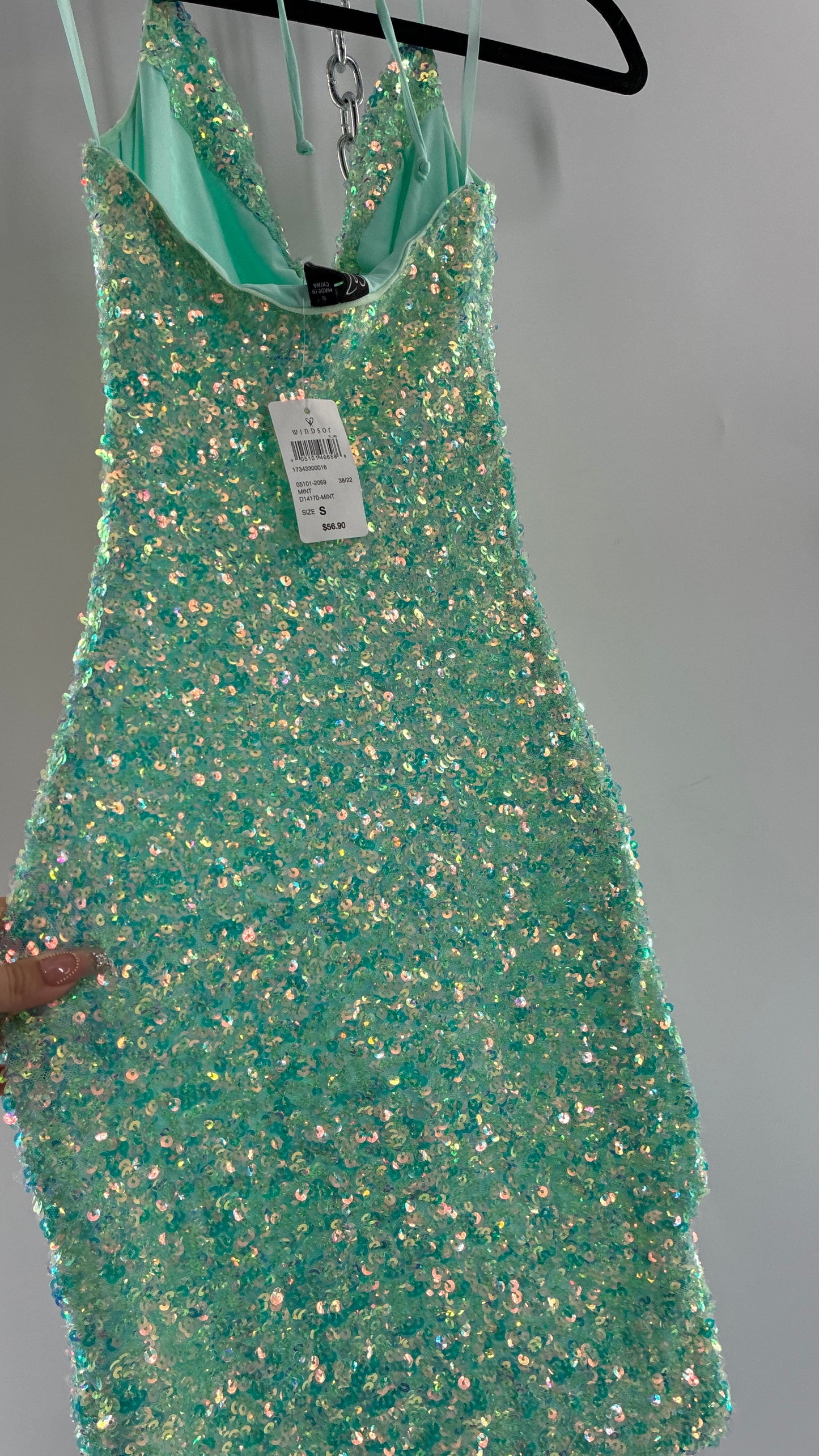 WINDSOR Aqua Blue Sequin Mini Dress with Draping Bustline and Tags (Small)