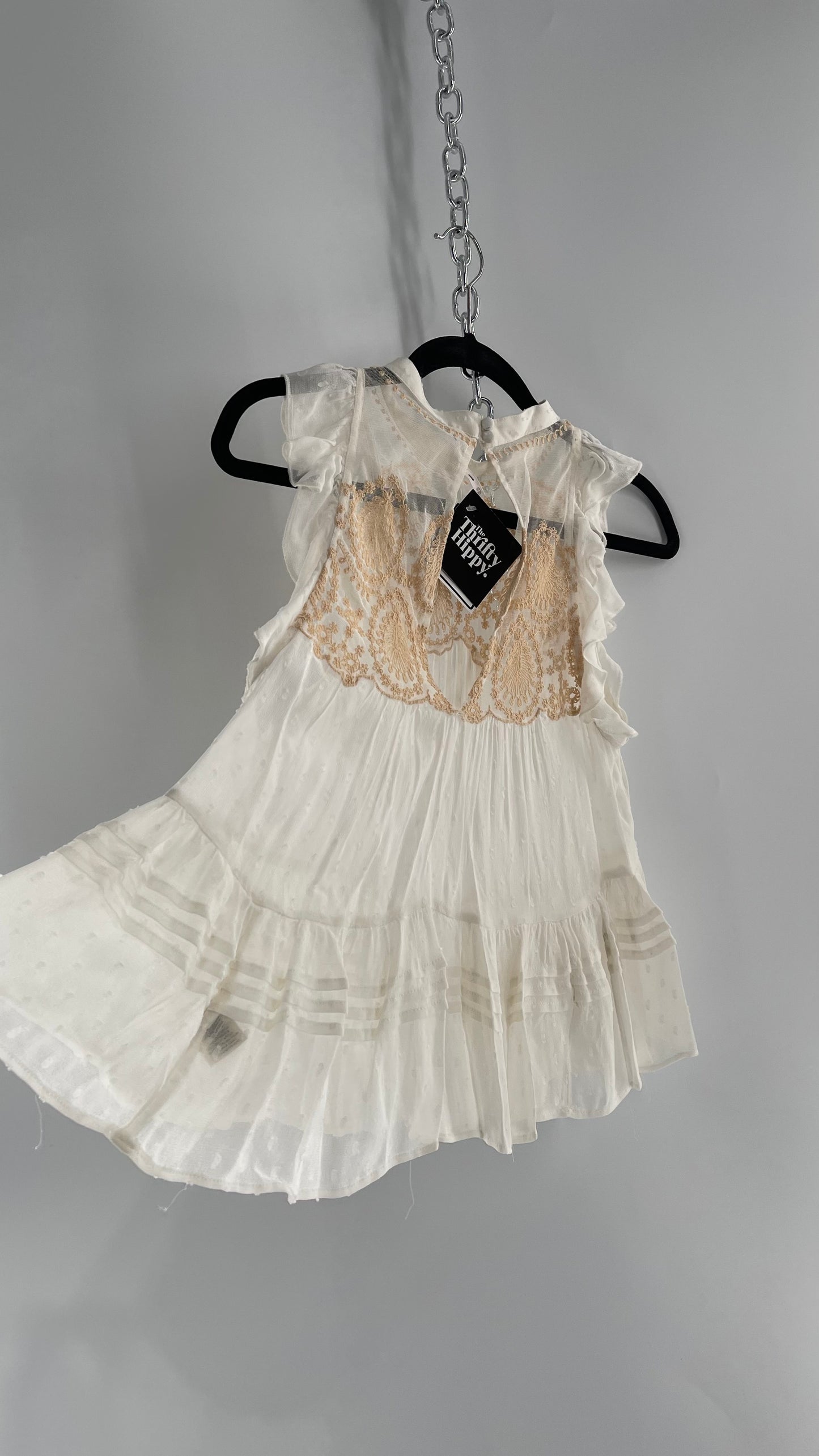 Free People Delicate,Romantic Feminine Sleeveless Blouse with Pleating, Embroidery and Keyhole Back (XS)