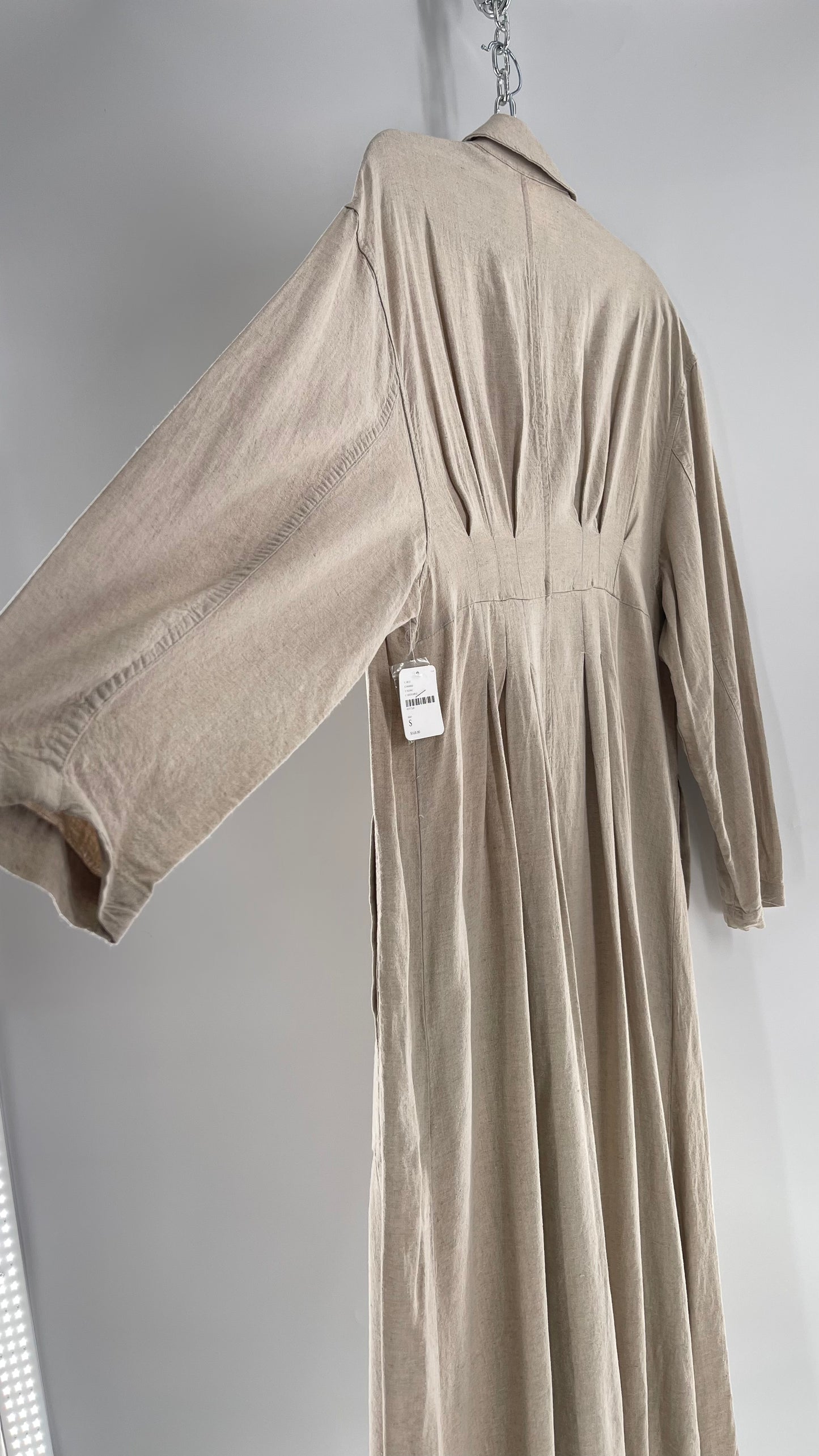 Free People Double Breasted Beige Linen Trench Coat with Brown Buttons and Tags Attached