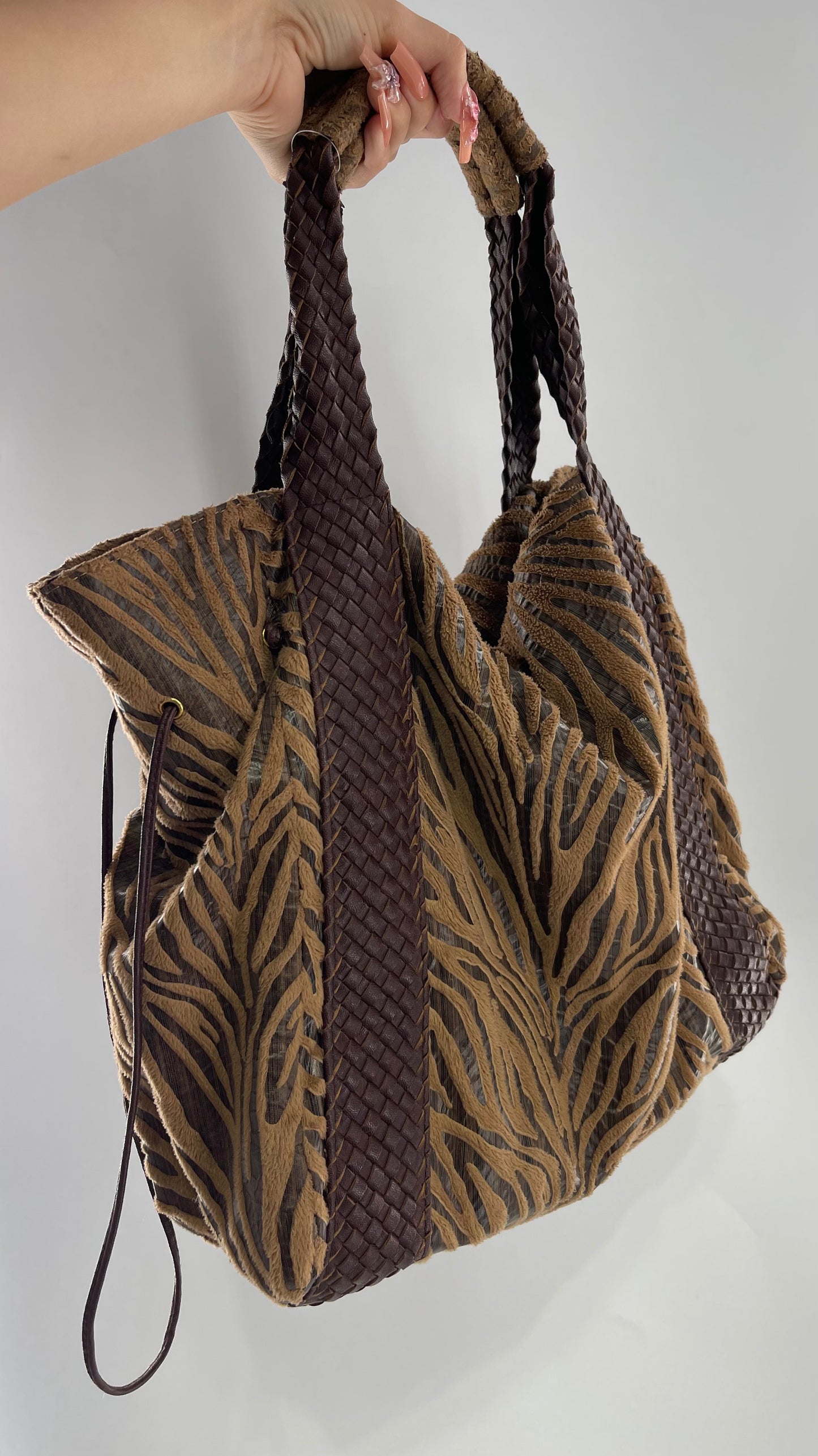 VINTAGE BRACIANO Zebra Textured Slouchy Bag with Braided Leather Straps