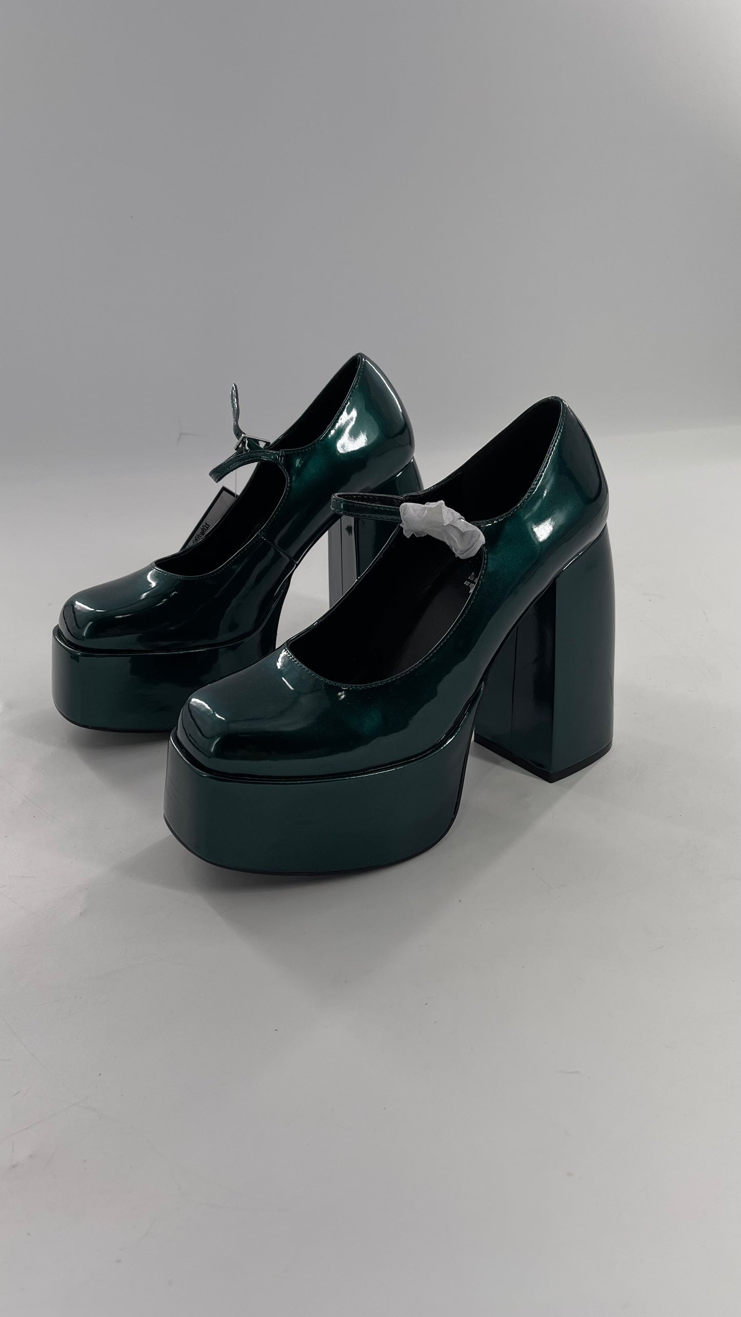 KOI FOOTWEAR Patent Emerald Green Platform Chunky Heel Mary Janes (9/39)