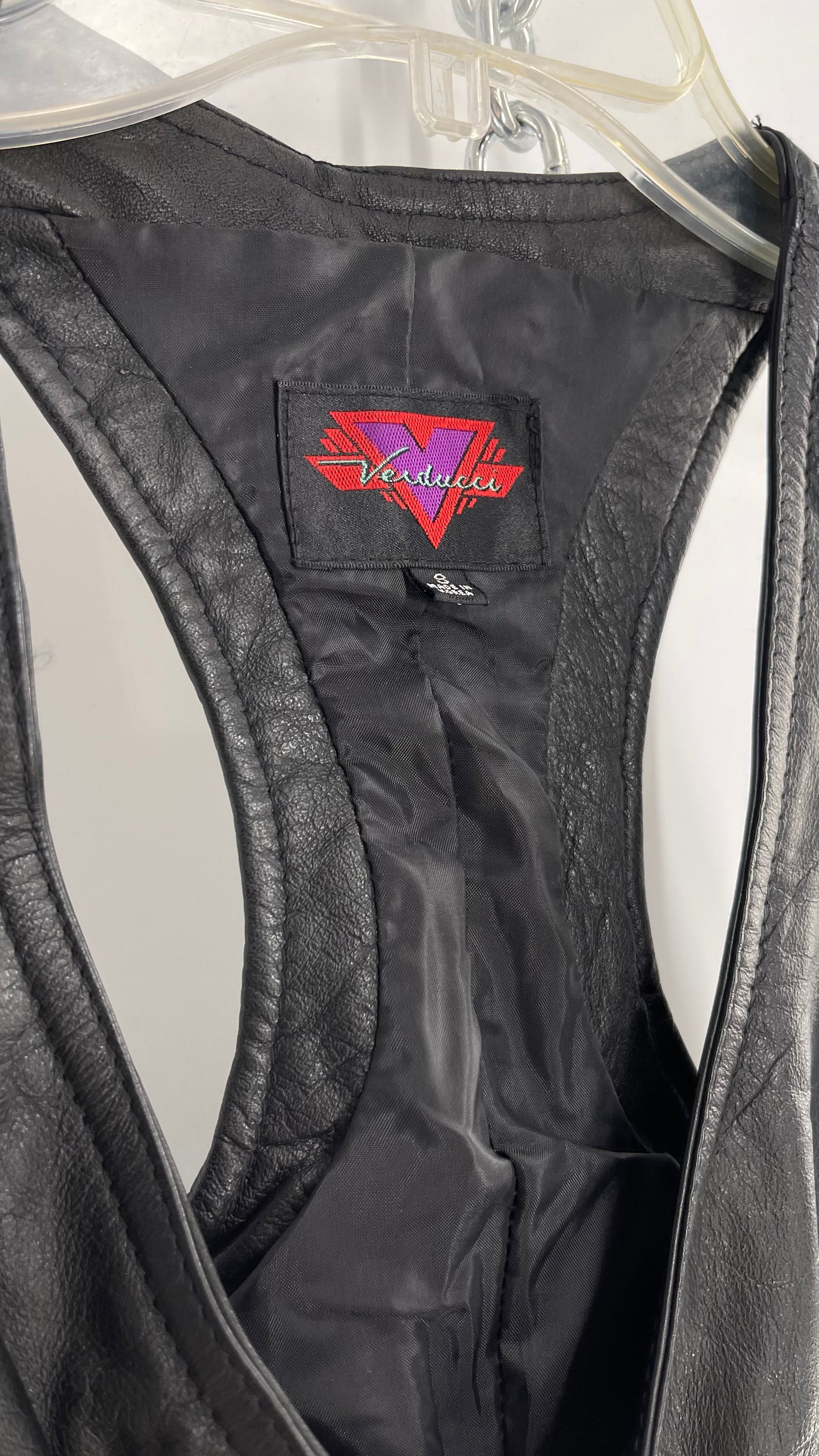 Vintage 1980s VERDUCCI Black Leather Zip Front Mini Dress (Small)