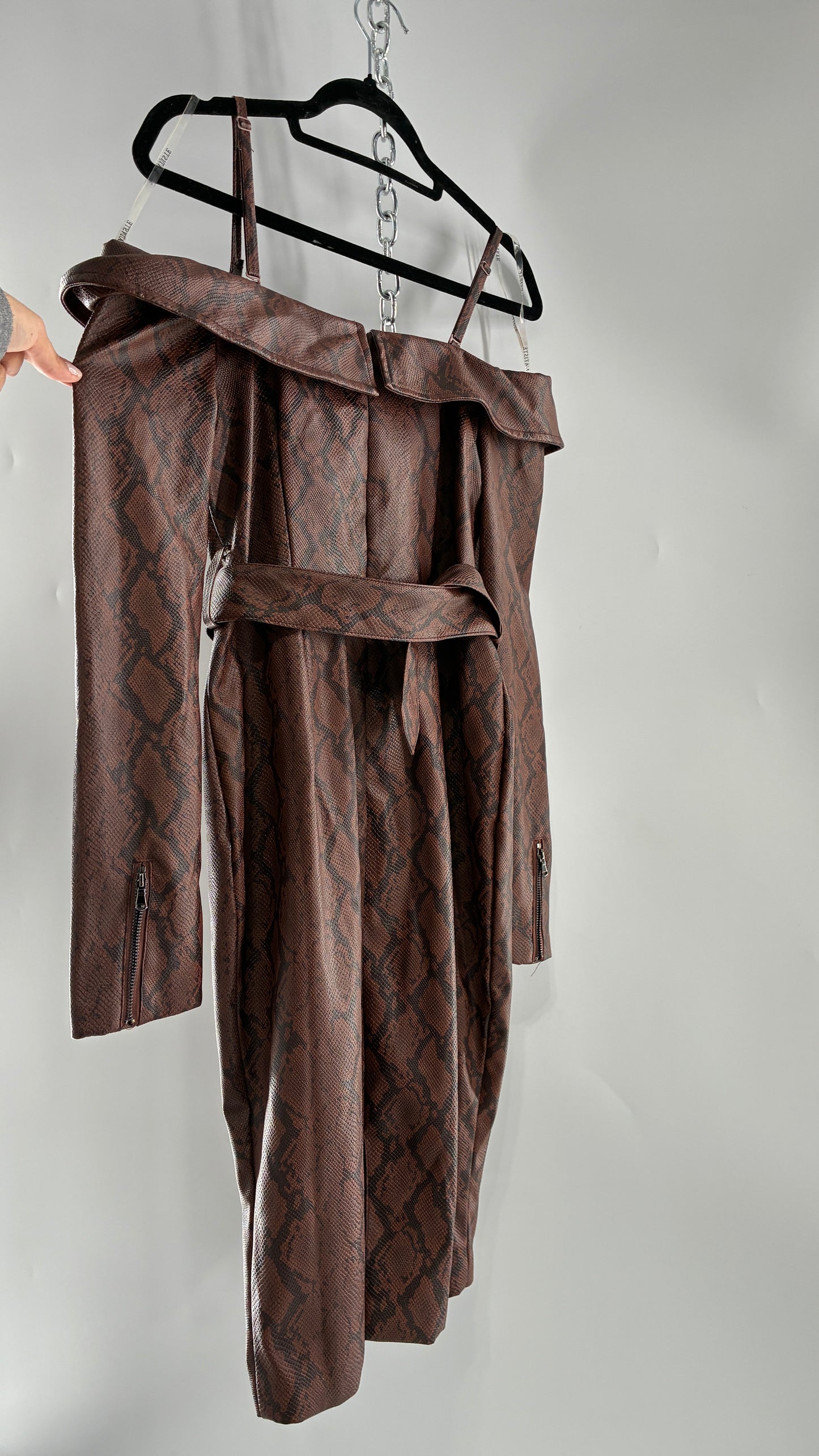 L’ATISTE Snakeskin Vegan Leather Moto Off the Shoulder, Knee High Dress (Medium)