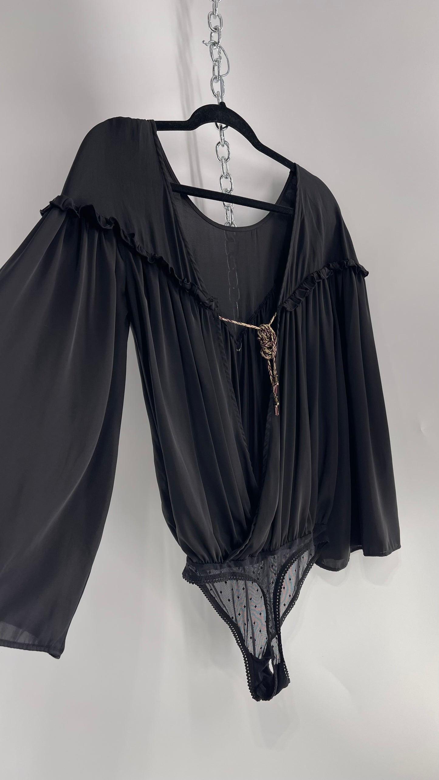 Free People Black Silky Ruffled Sweetheart Neckline Detail with Pleated Bodice and Open Back (XS)