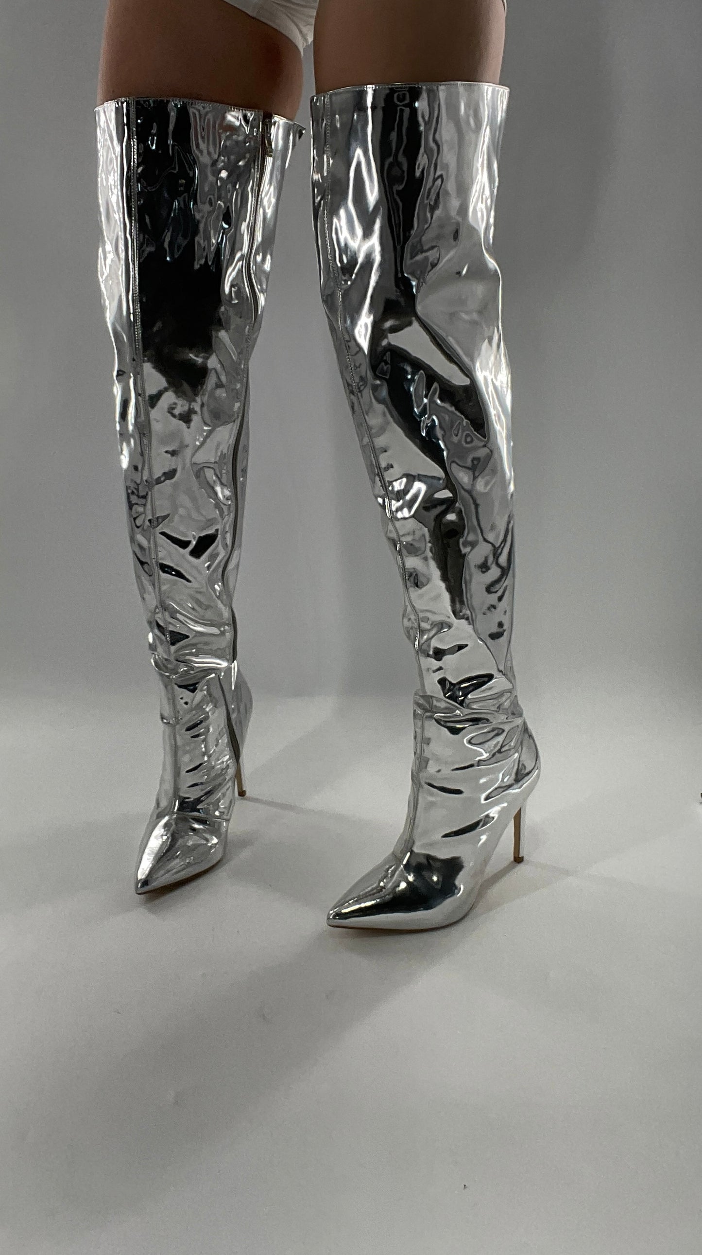 Vintage Chrome Platinum Mirrored Thigh High Molten Metal Sky High Boots Space Cadet/Concert (7)