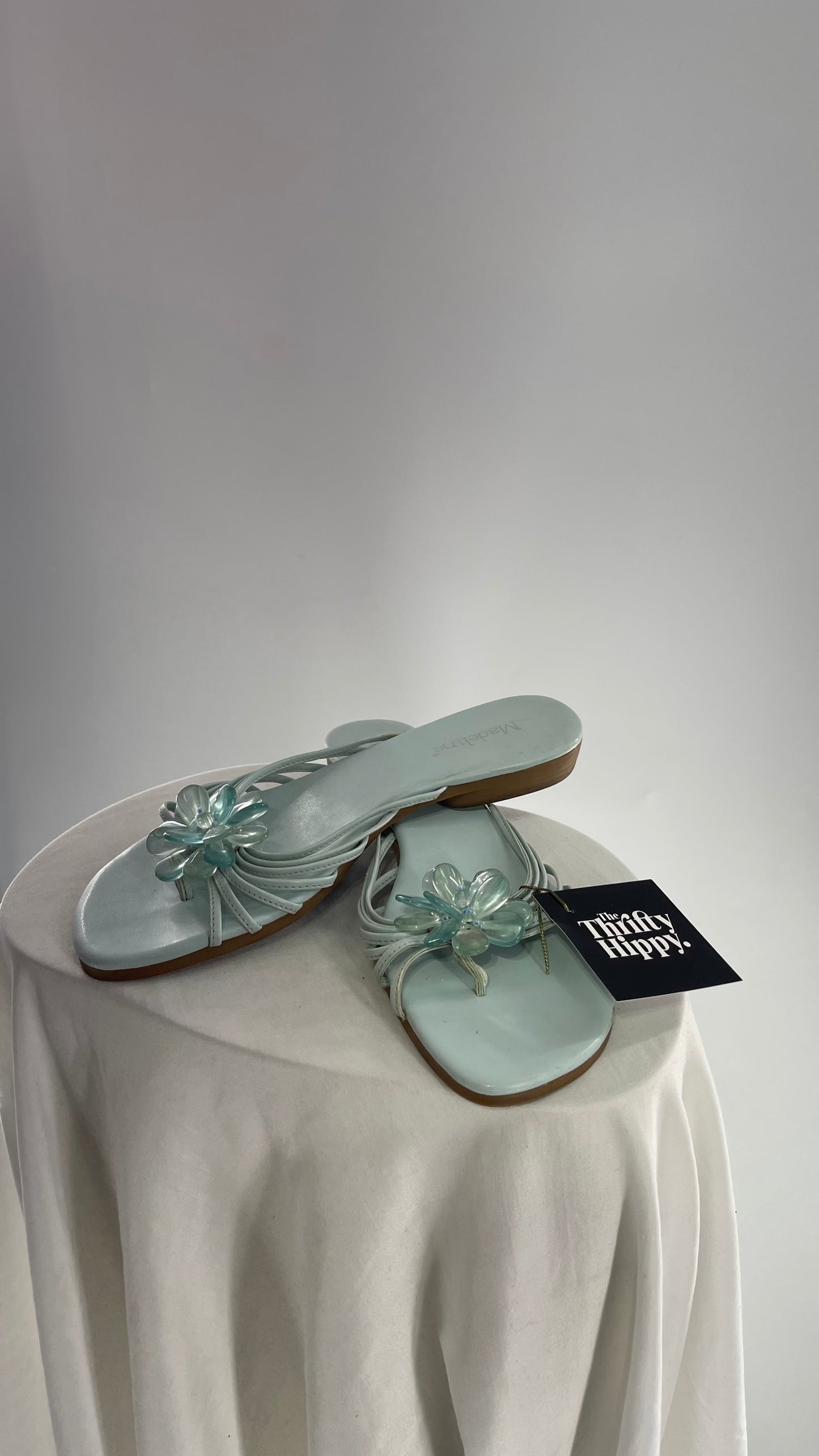 Vintage Baby Blue Slip On Sandals with Beaded Flower (8)