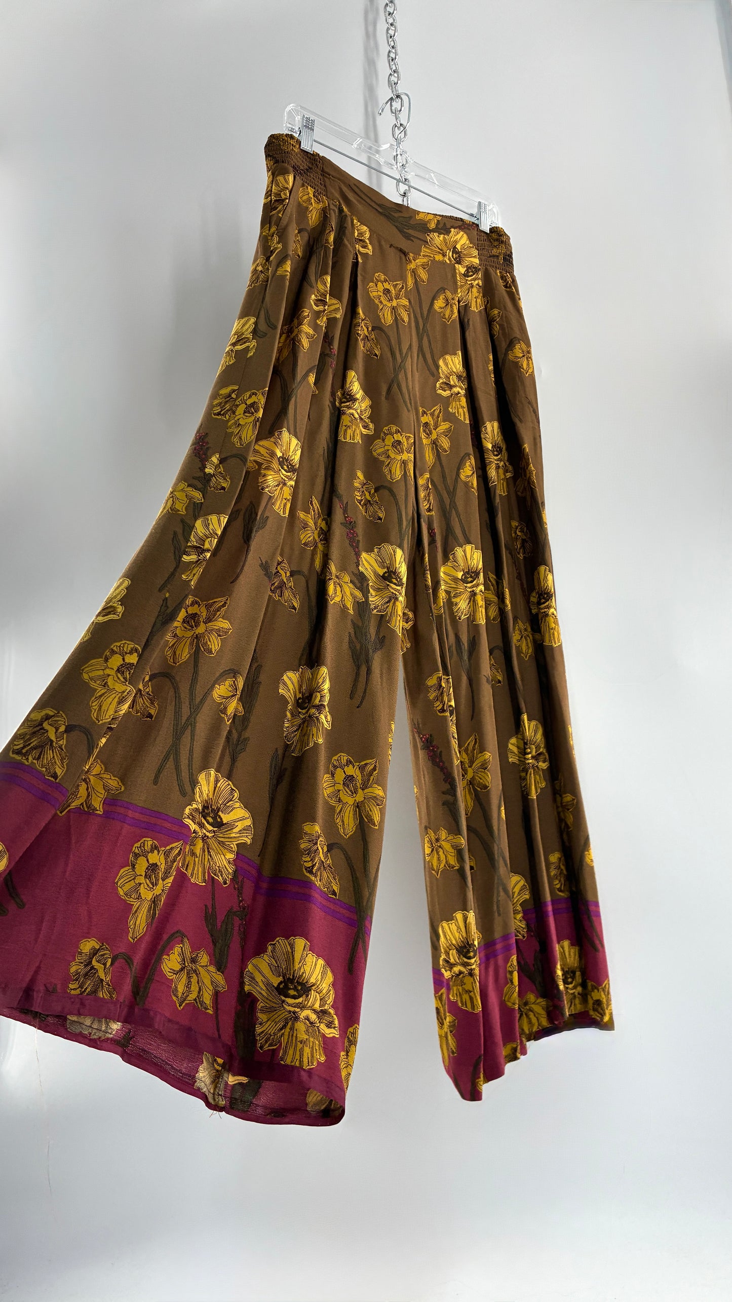 Anthropologie MAEVE Mustard Wide Leg Pants with Mauve Hemline and Floral Pattern (12P)