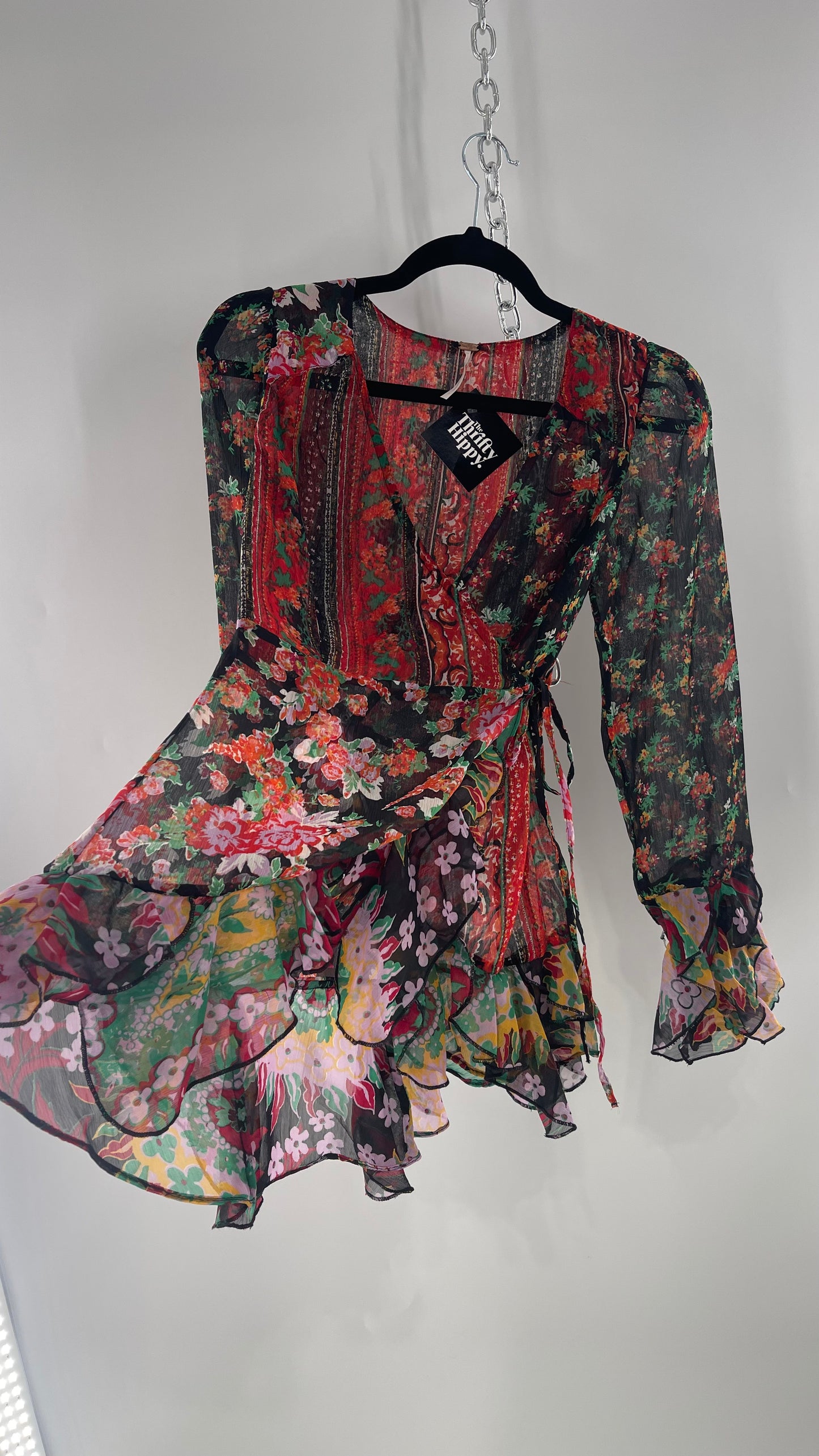 Free People Black Colorful Floral Tie Front Blouse with Ruffled Sleeves and Hem(XS)