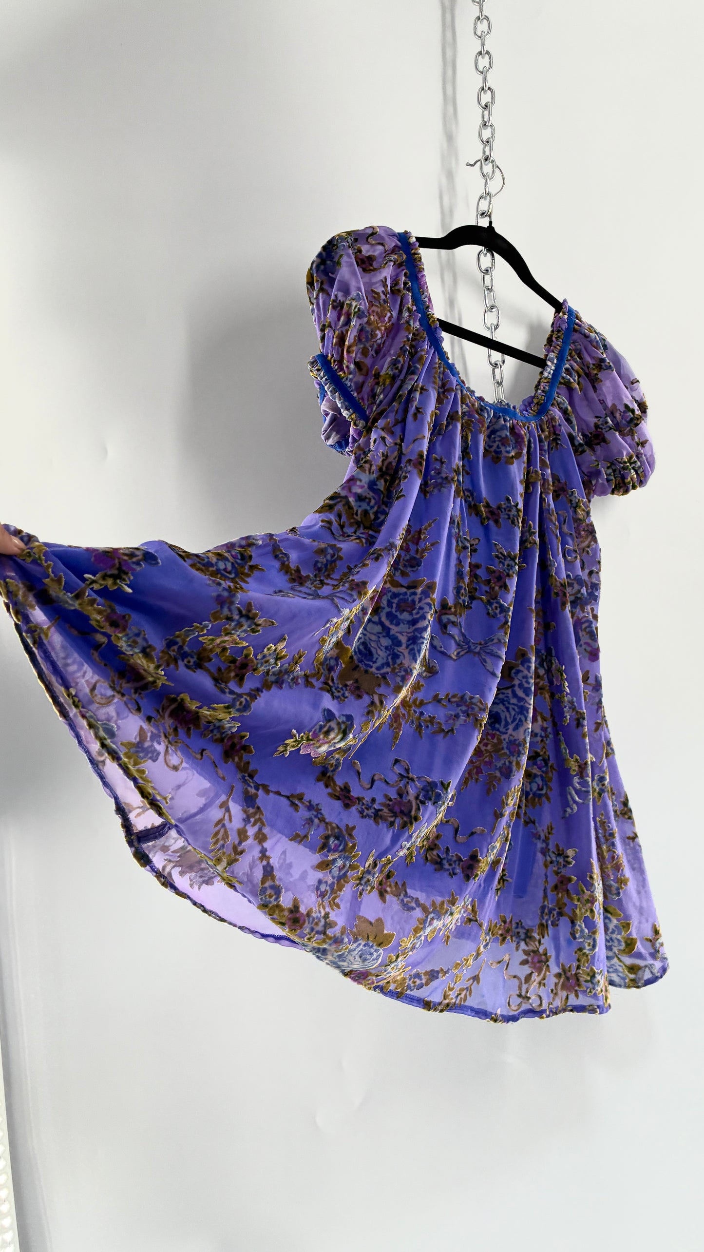 Free People Royal Blue Velour Floral and Bow Puff Sleeve Babydoll Mini Dress (XS)