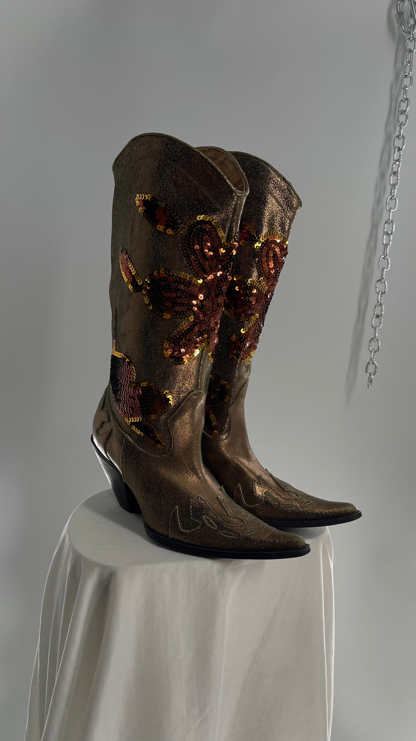 RARE Vintage Foot Candy Sage Green/Bronze Leather Cowboy Boots with Sequin Flowers and Flame Details (6.5)