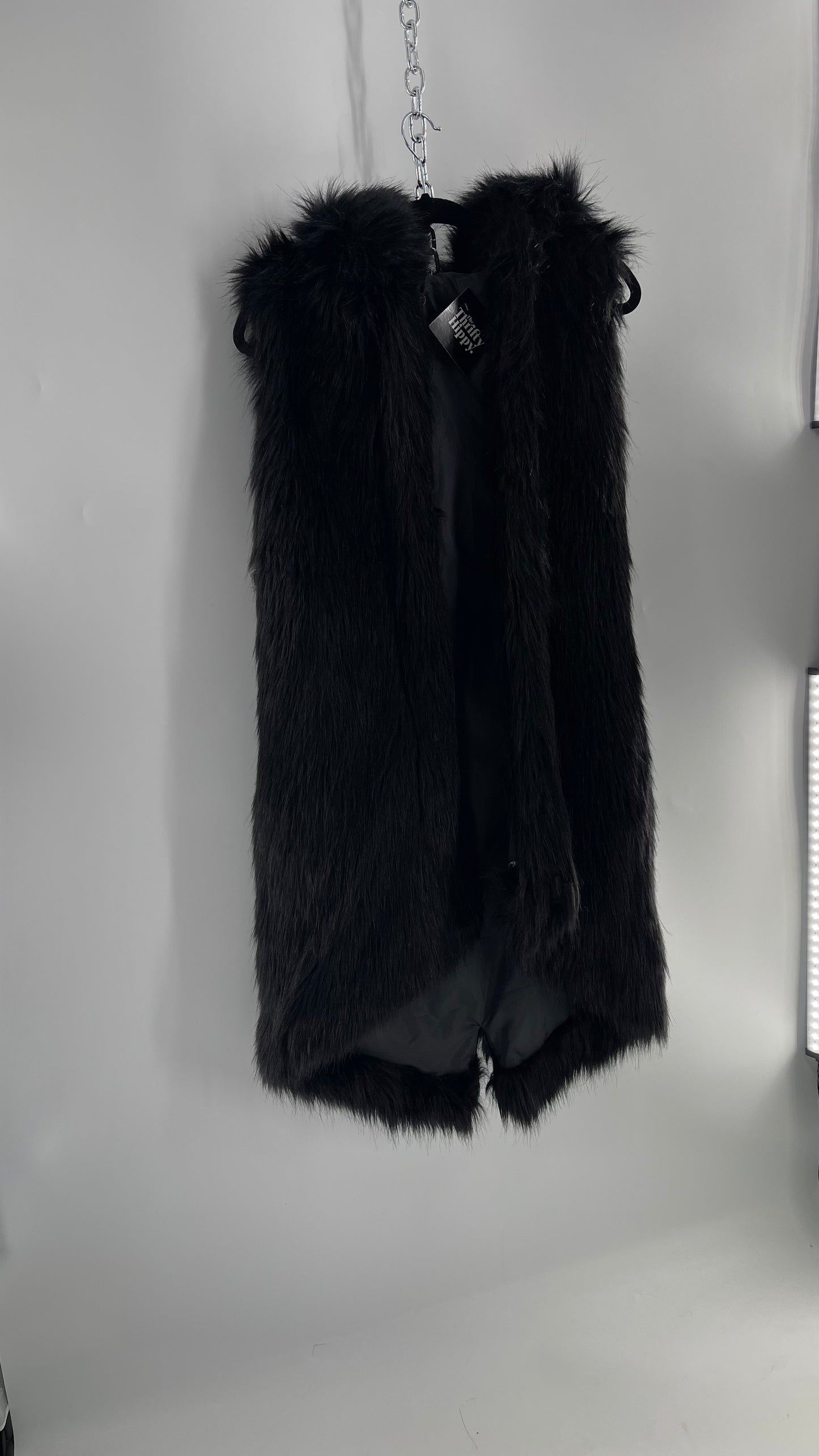 Full Length Black Fuzzy Sleeveless Vest with Oversized Hood (Medium)