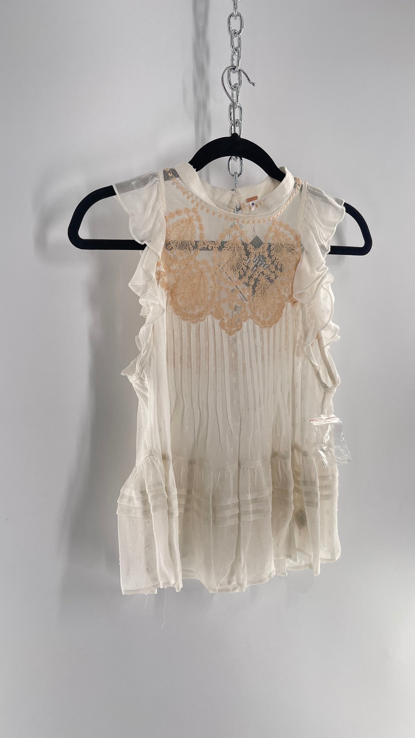 Free People Delicate,Romantic Feminine Sleeveless Blouse with Pleating, Embroidery and Keyhole Back (XS)