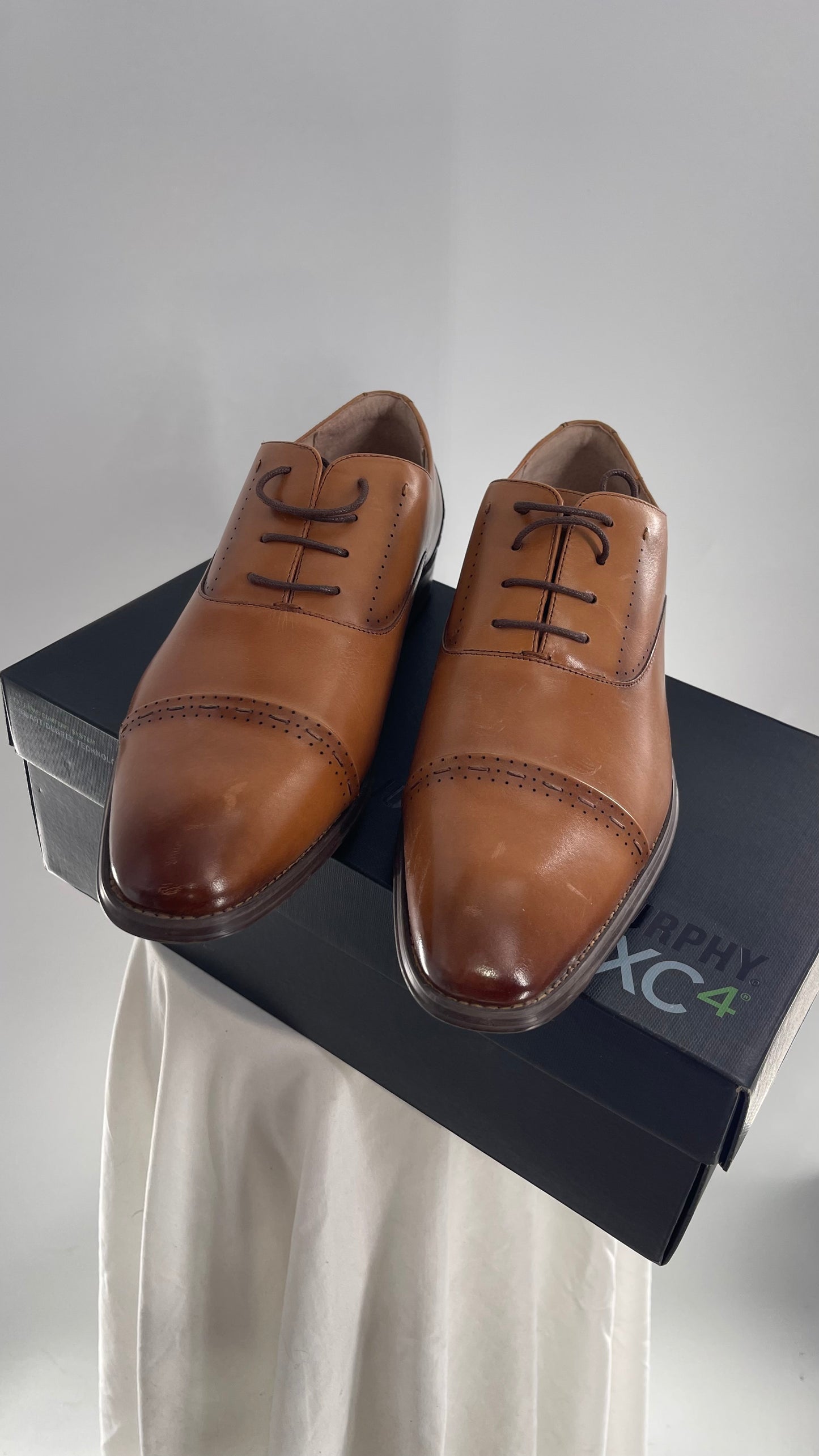 STACY ADAMS Cognac Camel Brown Leather Captoe Oxfords (12)