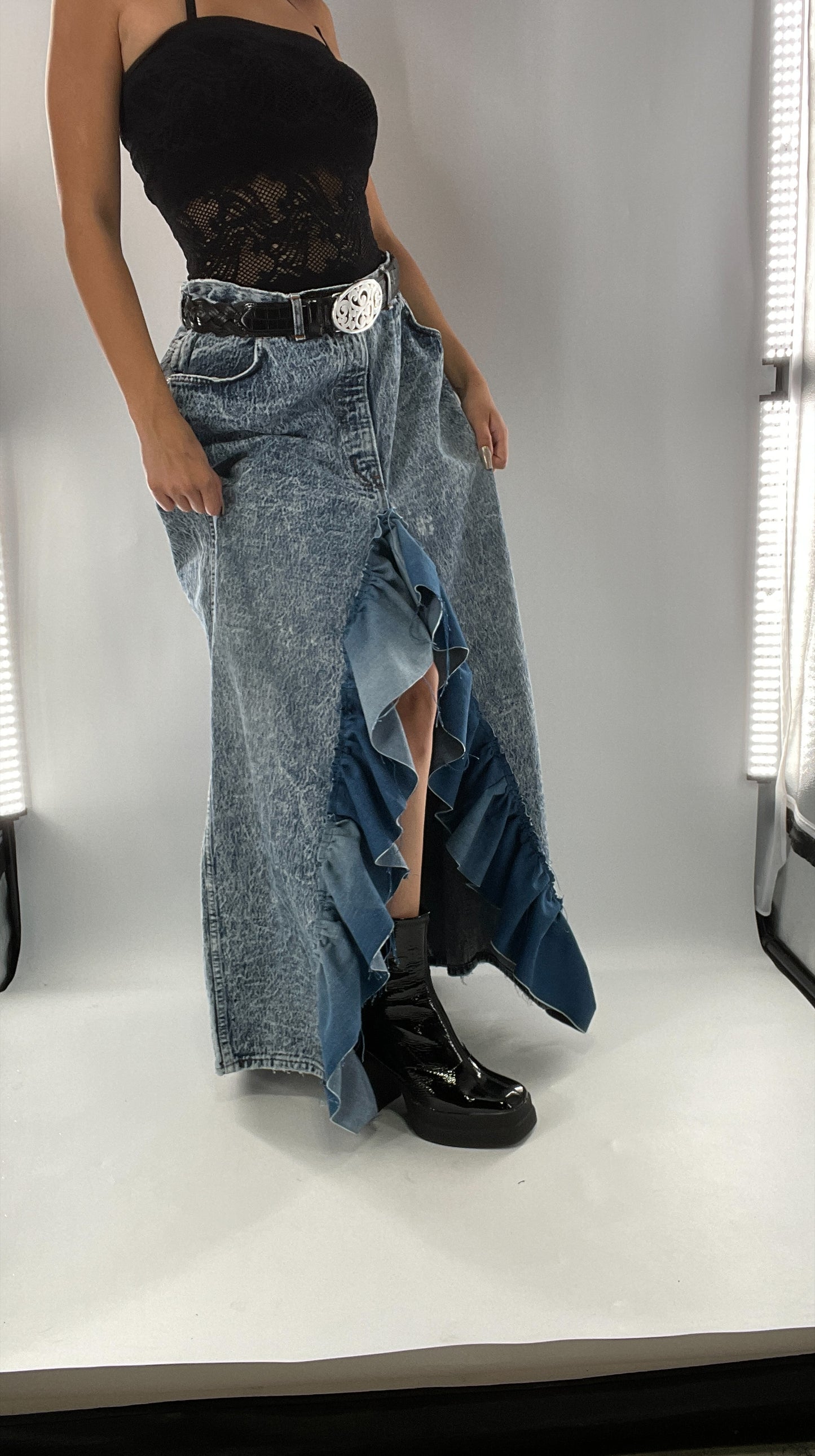 Custom Handmade Acid Wash Denim Slit Front Ruffled Skirt with Bow Bum (Large)