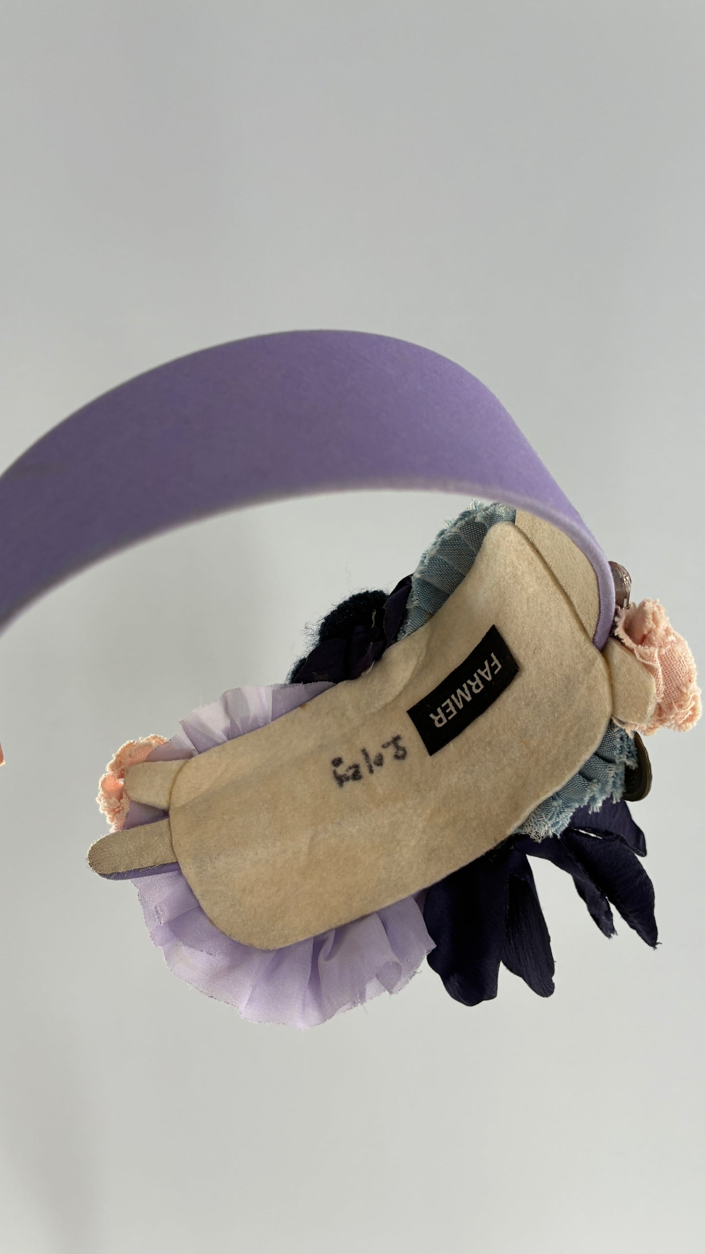 Vintage FARMER Handmade Lilac Headband with Purple Ribbon,  Pleated, Floral, and Gemstone Appliqués
