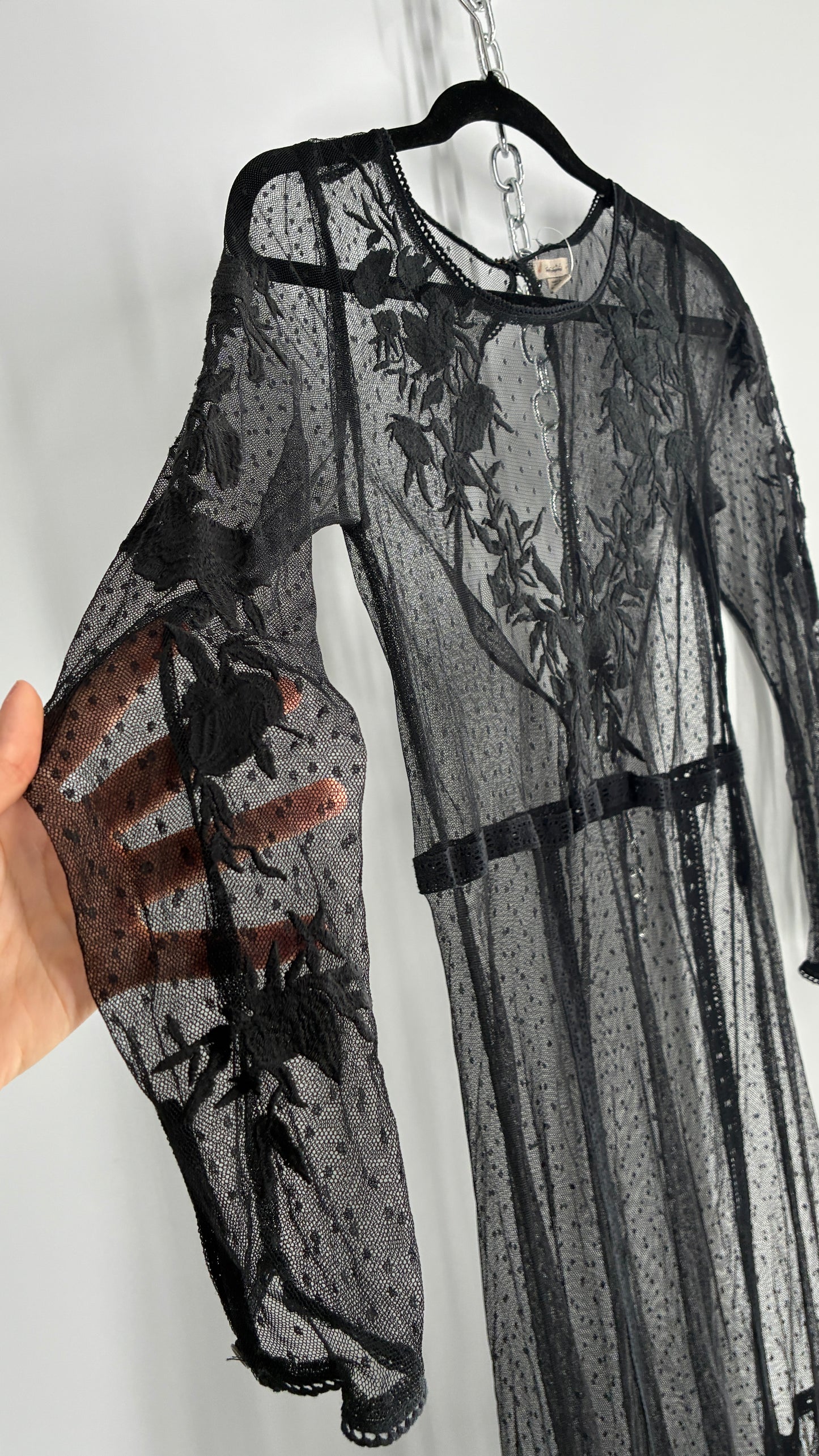 ECOTE Sheer Mesh Full Length Dress with Lace Appliqué Sleeves and Bust (Medium)