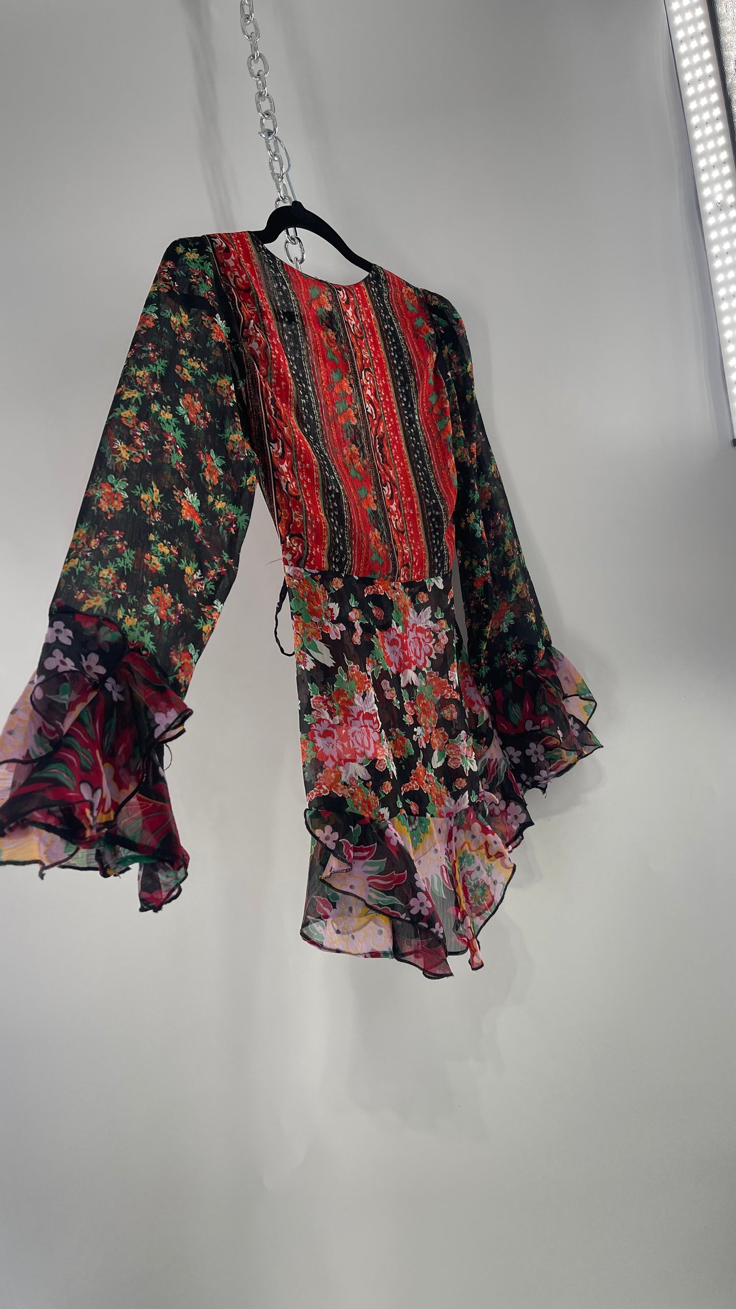 Free People Black Colorful Floral Tie Front Blouse with Ruffled Sleeves and Hem(XS)