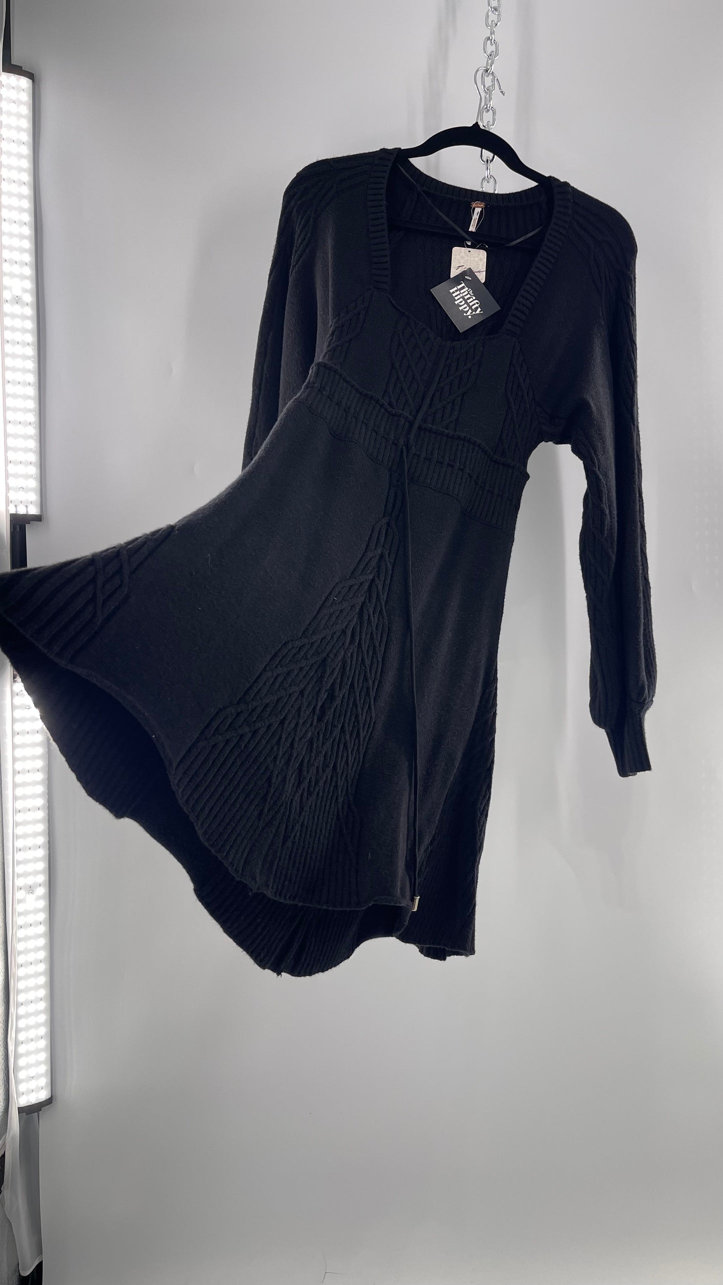 Free People Emmaline Black Heavy Knit Cableknit Bust with Tie Waist and Oval Back Cut Out Mini Dress(Small)